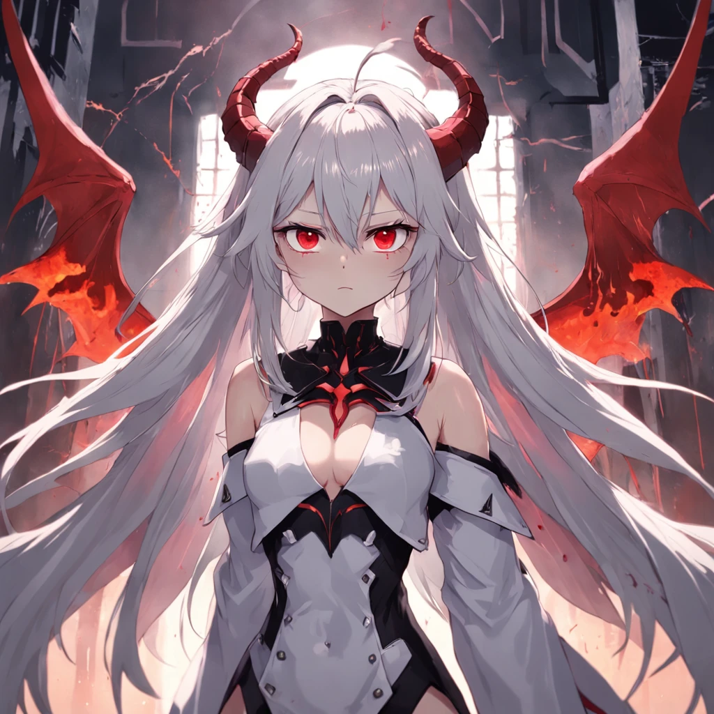 whaite hair,Red eyes,long whitr hair,demonic horns,Broken sailor suit,Girl body type,There are demon wings behind it,There was a little blood on his body,8K,Look into the camera,Dynamic,Background of destroyed cities