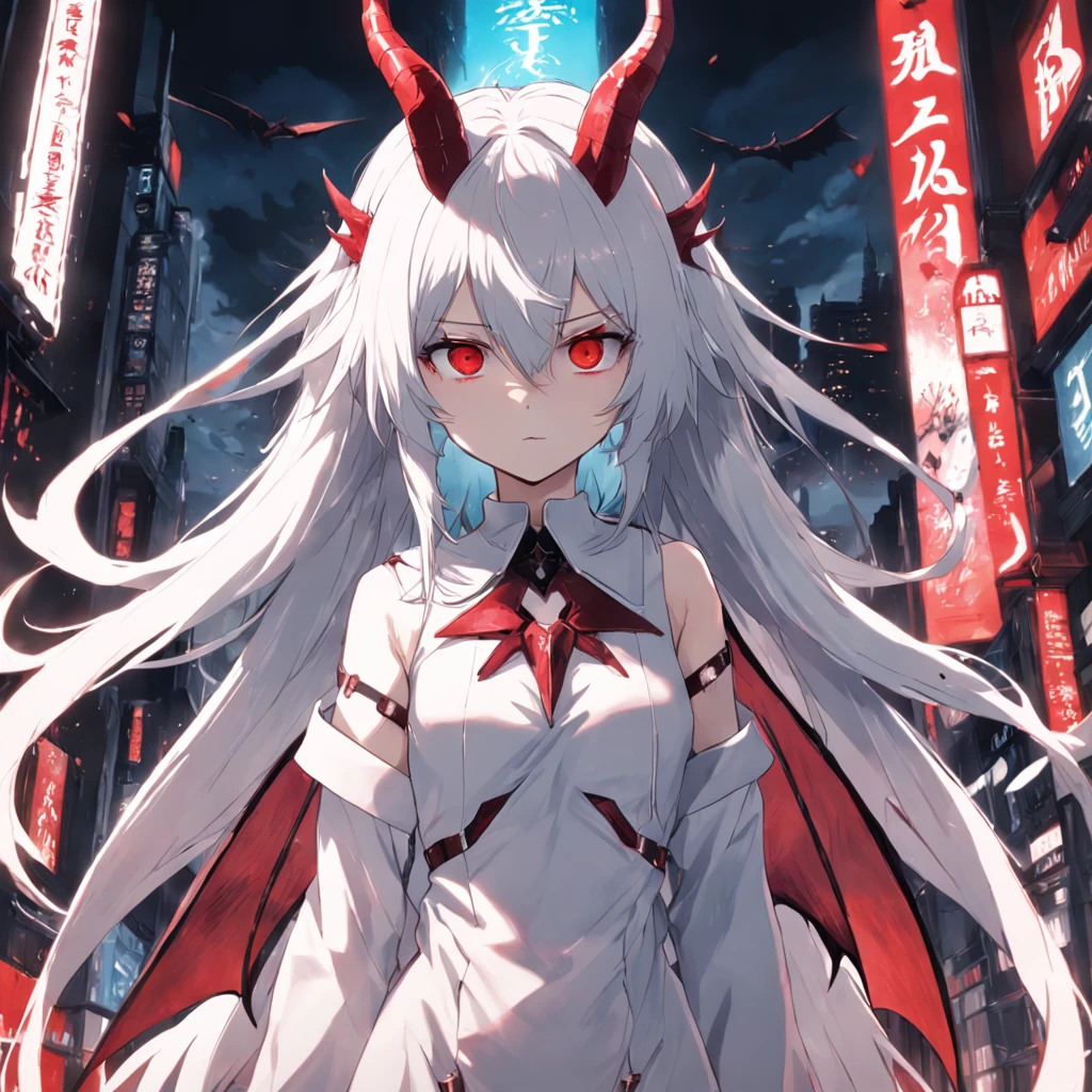 whaite hair，Red eyes，long whitr hair，demonic horns，Broken sailor suit，Girl body type，There are demon wings behind it，There was a little blood on his body，8K，Look into the camera，Dynamic，Background of destroyed cities