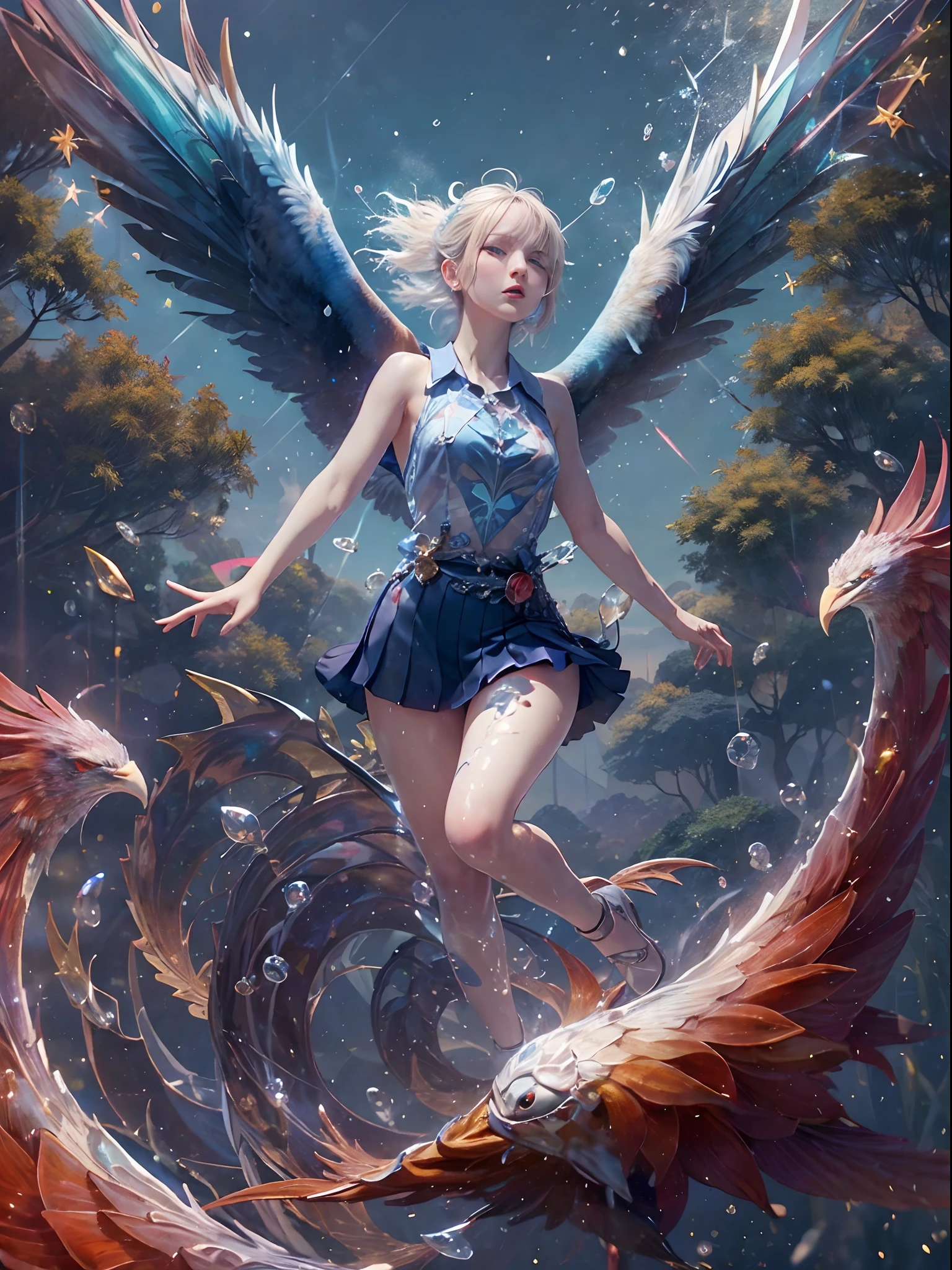 (Best Quality, Masterpiece: 1.1), (Realistic: 1.4), Beautiful naked schoolgirl is riding on the red eagle, god ray, teen, silver short hair, blue eyes, full body, from below, hourglass body shape, flying over the park, crystallineAI ,fractal art, splash