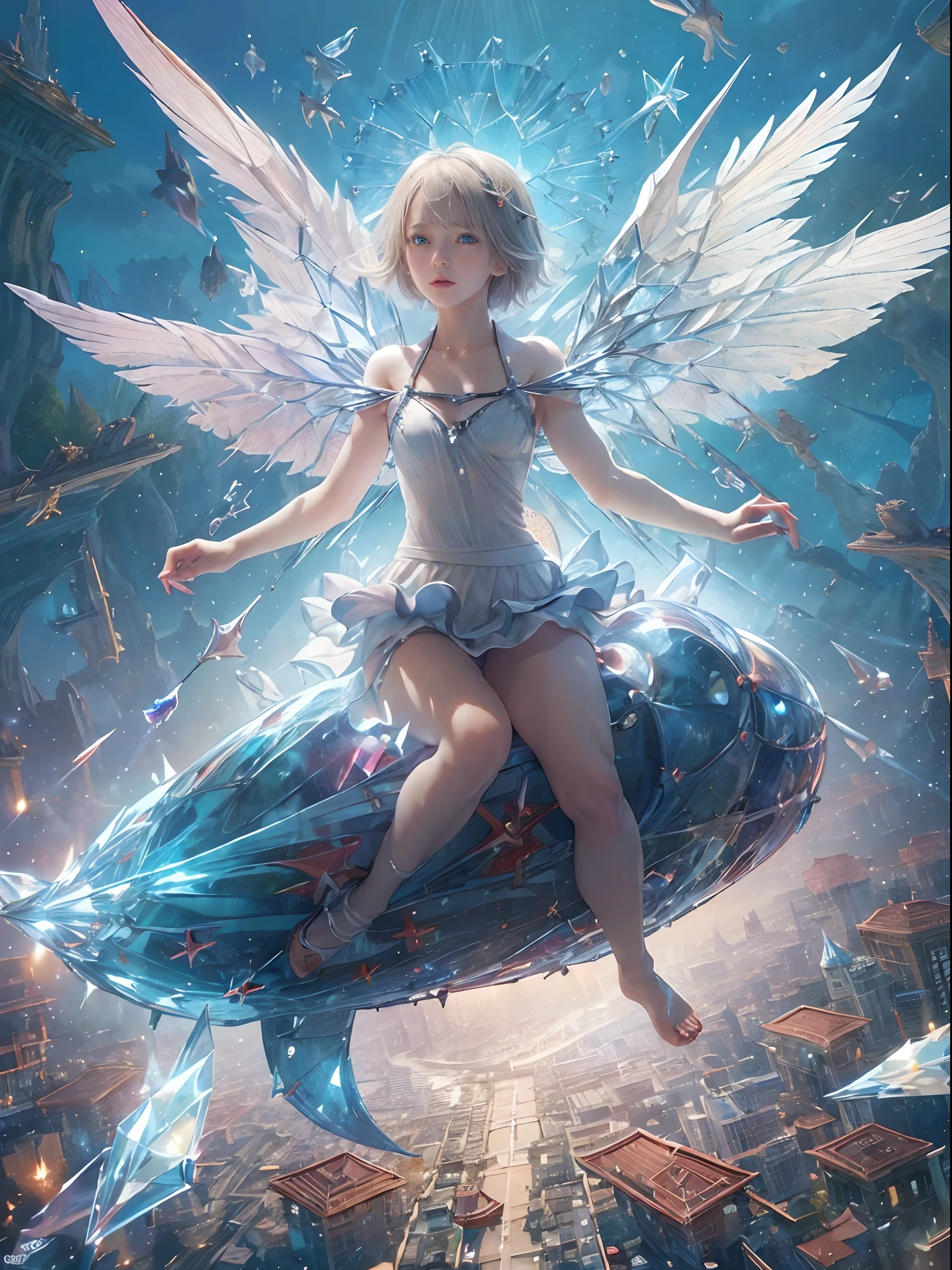 (Best Quality, Masterpiece: 1.1), (Realistic: 1.4), Beautiful naked schoolgirl is riding on the red eagle, god ray, , silver short hair, blue eyes, full body, from below, hourglass body shape, flying over the park, crystallineAI ,fractal art, splash
