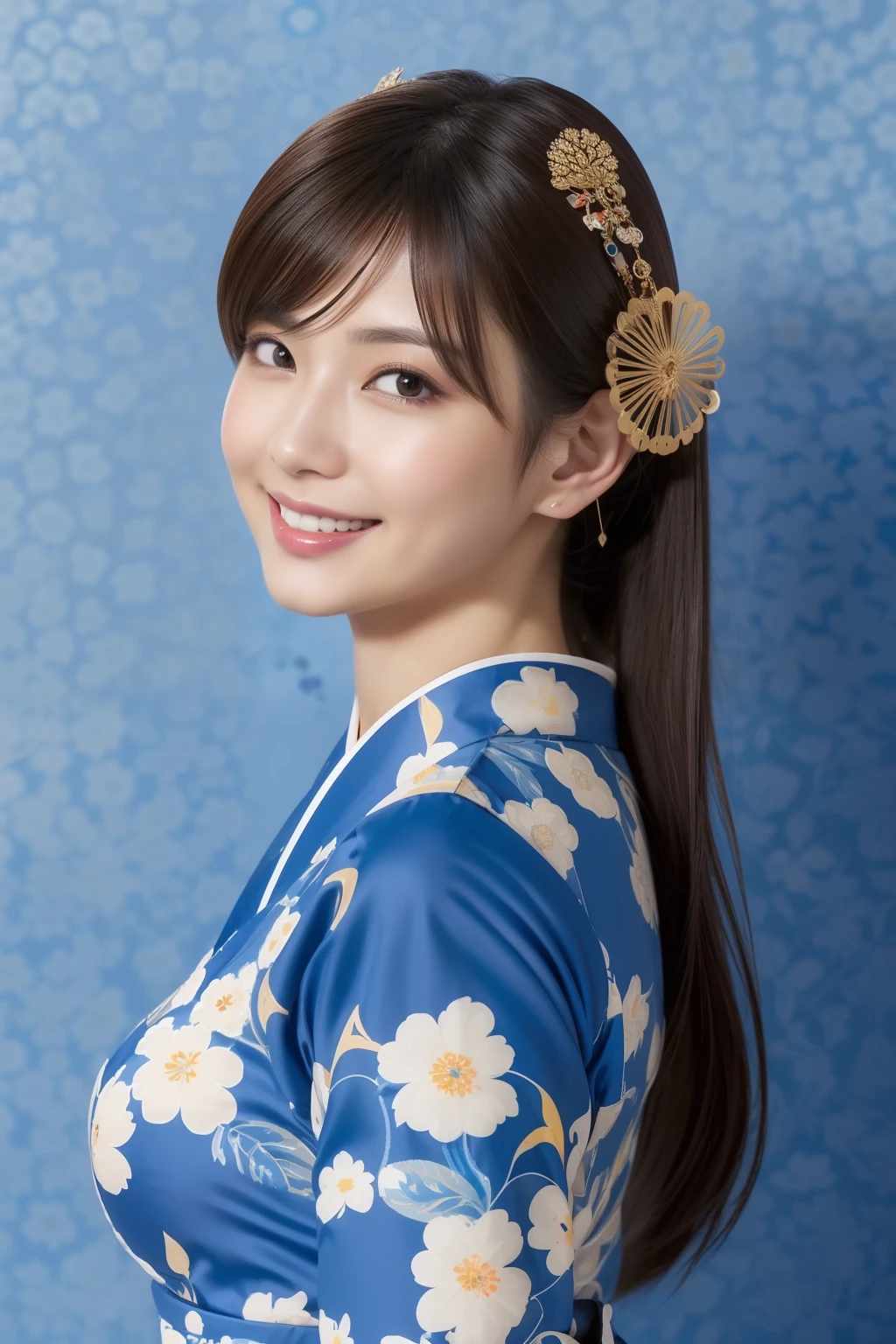 A close up of a woman in a blue dress with a flower in her hair - SeaArt AI