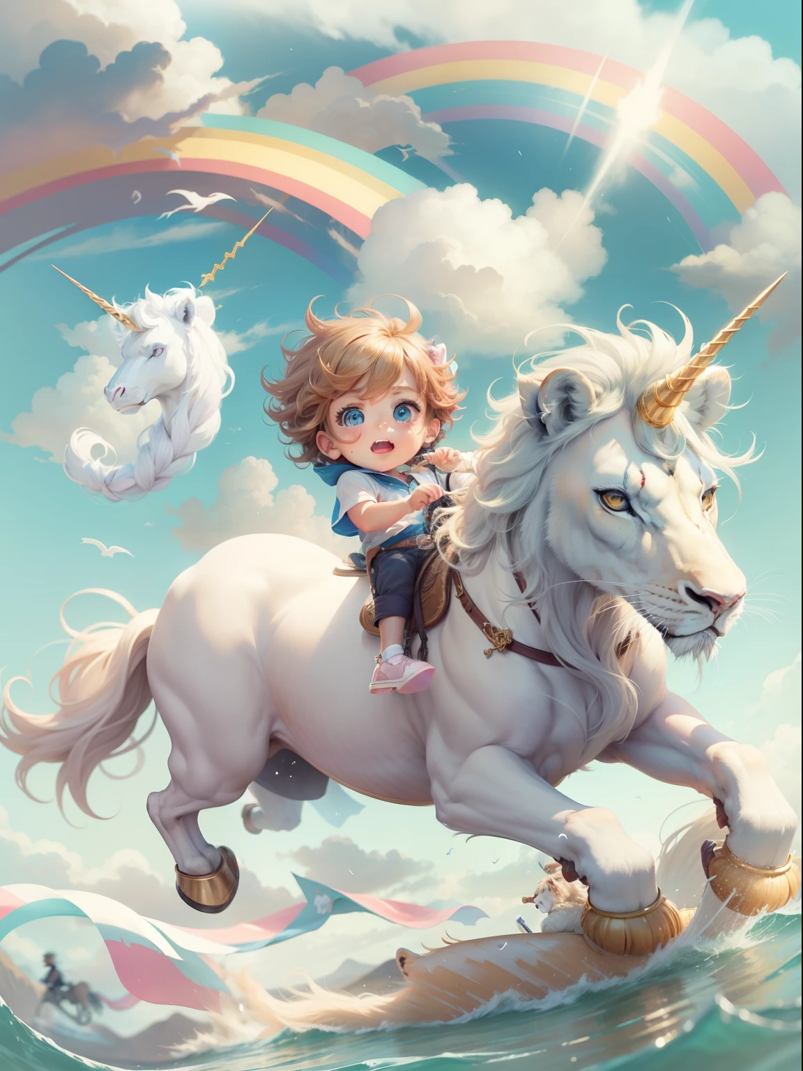 Cute boy riding unicorn、Pierce the wind、Lion Together