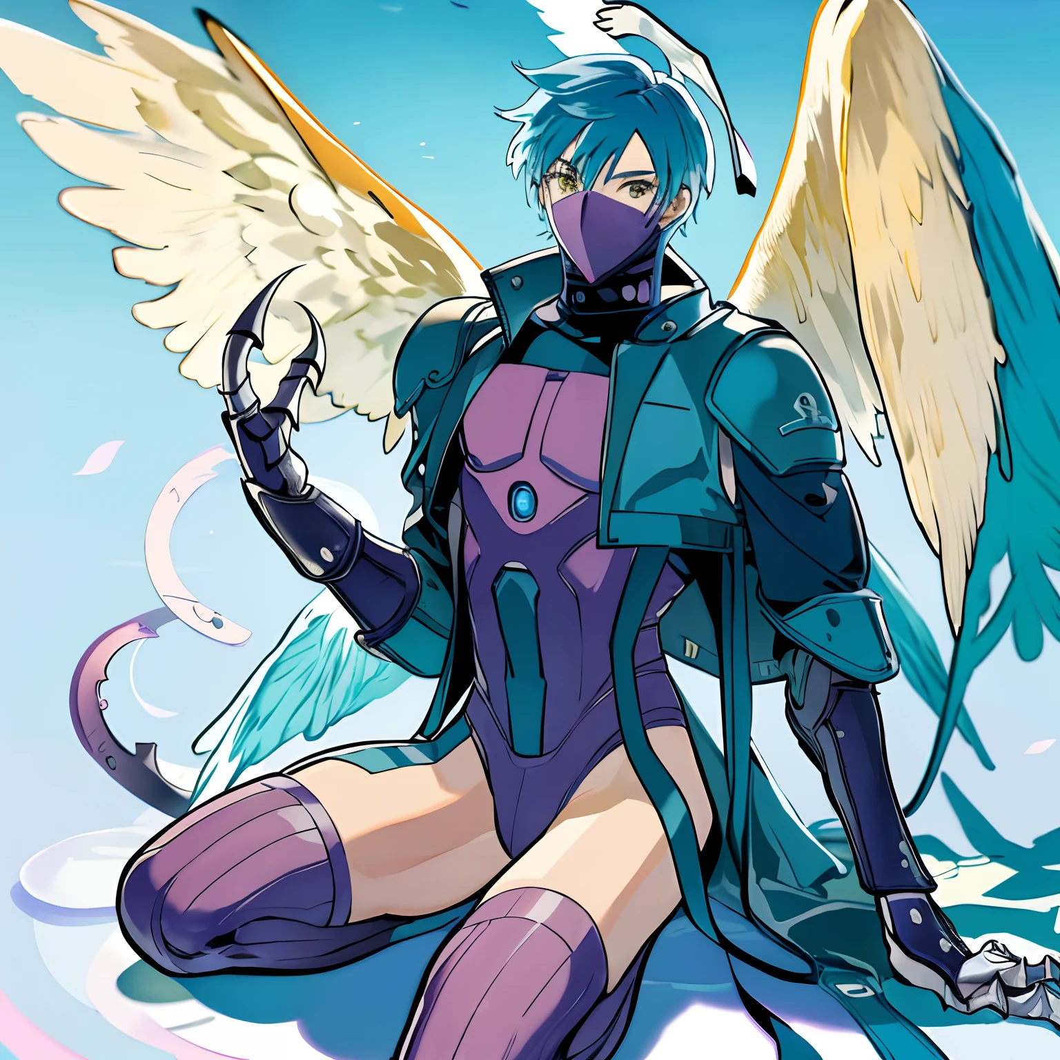 ultra-detailed, ultra high res, high quality, 4K, solo, 1boy,extremely delicate and beautiful,illustration,masterpiece,(illustration),digimon,fullbody,sitting,mouth_mask,wings_hair,claws,thighhighs, as a Male