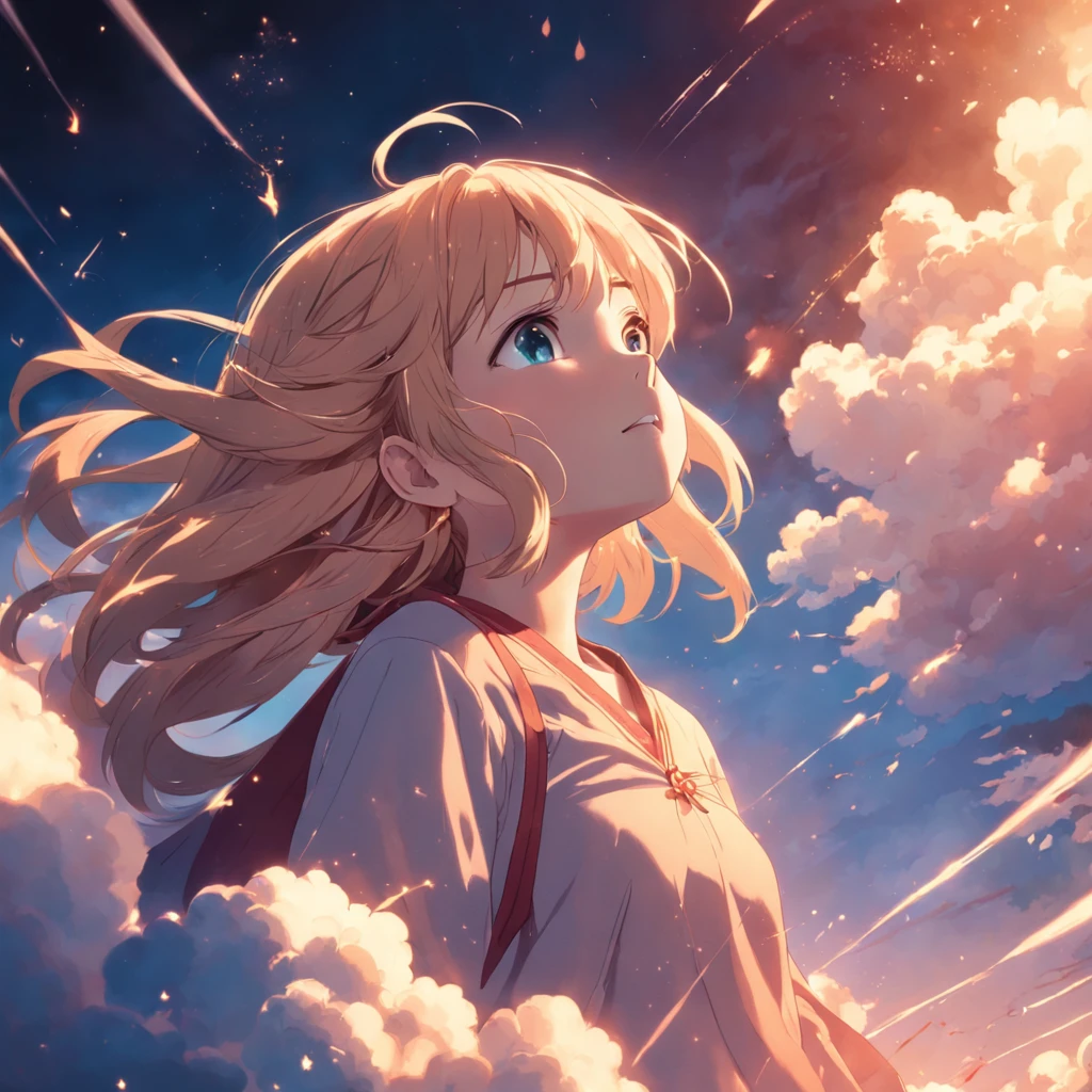 masterpiece, best quality, movie still, 1girl, cloud girl, floating in the sky, close-up, bright, happy, warm soft lighting, sunset, (sparks:0.7)