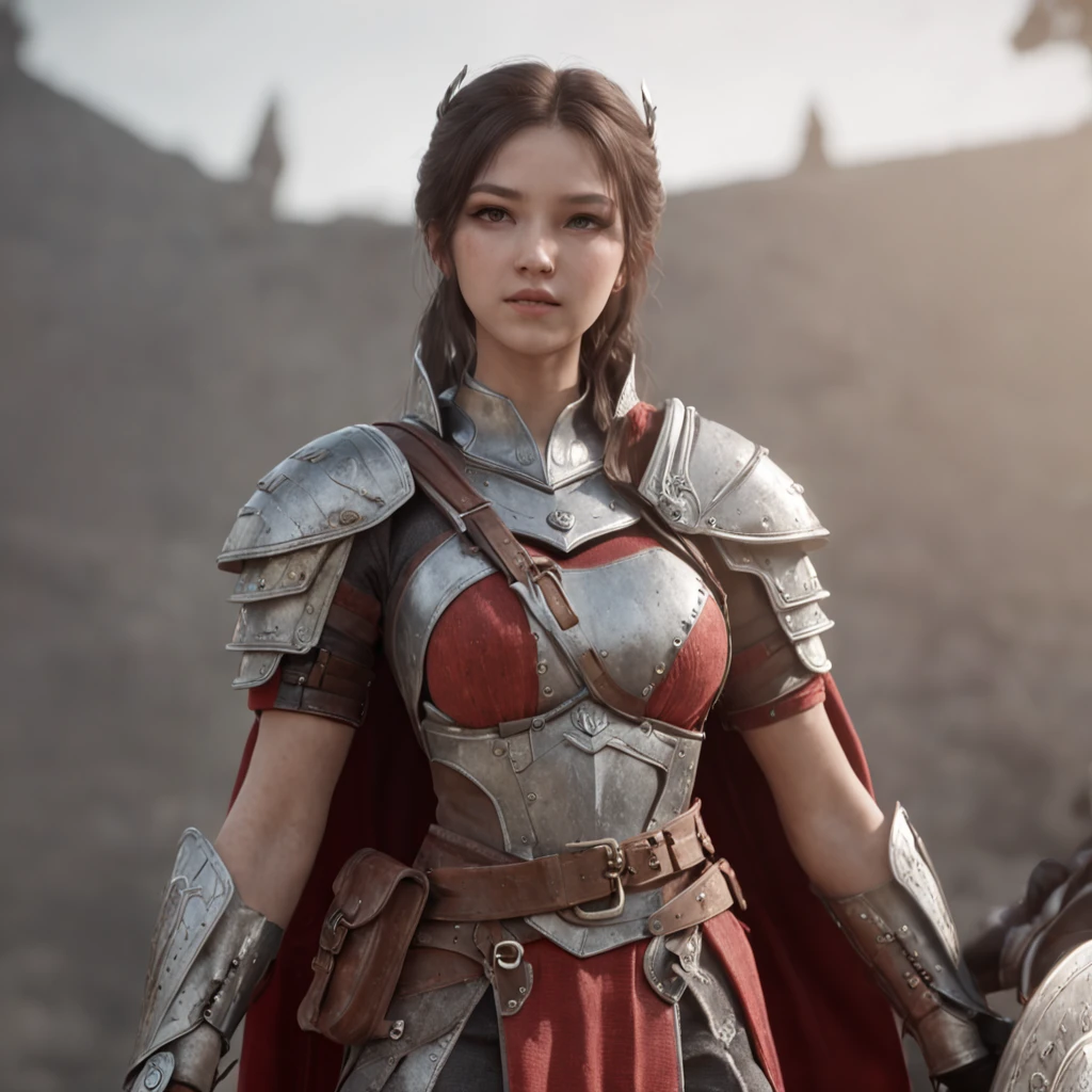 masterpiece, Christina Chong beautiful face, narrowed eyes. smirk. black braided hair, beautiful elf, (delicate red transparent armor), (medium breasts), (perfect body), (redblonde, length hair), outside, (Skin texture:1.1), best quality, ultra high resolution, RAW-Foto, Nikon D850, Contre-Jour, rim light, bright sunlight, film grain:1.2, (warm hue, warmer Ton:1.2), (color photo), Fantasy Battlefield Background,