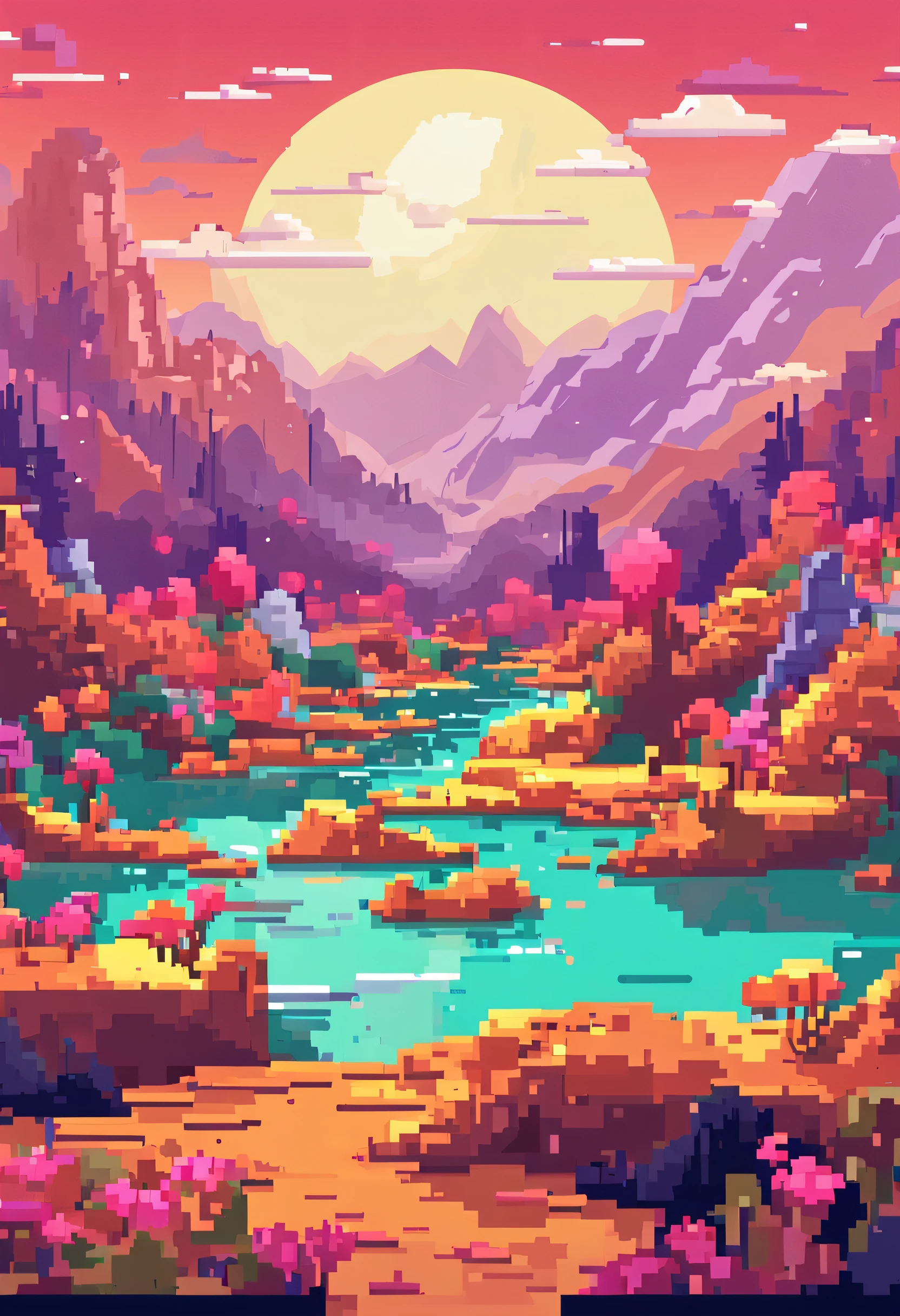 Pixel art, Flat design, hyper-high detail. Landscape universe
