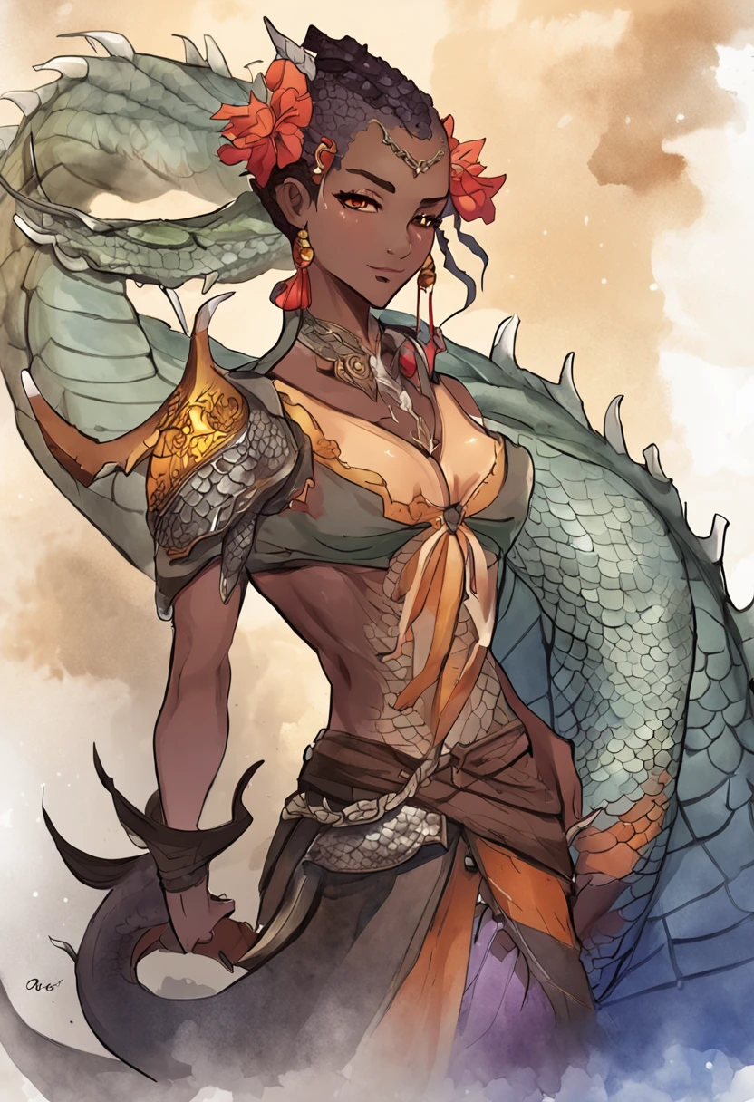 (dragon), woman, 1girl, Alone, far, small body, bracelets, multicolored hair, long hair, horns, dragon horns, anime style, high quality, best quality, flaking skin, scales, dark scales, leg with scales on the thigh, arms with scales, face with scales, dark skin, scaly skin, textured skin, dragon, paladin, warrior, half plate, brown scales, nsfw, armor