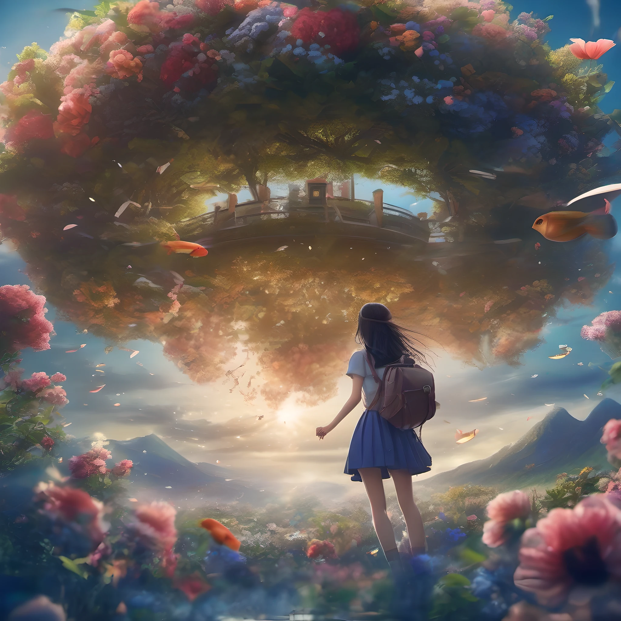 ccurate, best quality, masterpiece, UHD, high details, award winning, (Amazing:2.0), (Surrealism), Conceptual art, Verism, cinematic lighting, floating island in the sky, (((beautiful flower garden))), Horizon, blue sky, paradise scenery, flowers, wind flow, (((fantasy))), frontier, (magnificent space), blurry foreground, bokeh, Hasselblad, lens flare, beautiful school girl, (17 yr old), ((((full body)))), from behind, she moving, without looking at me, (((wearing school uniform))), black eyes, black hair, (floating hair), ((8 life size)), detailed hairstyles, detailed bodyline, anatomically correct, cute face, ((accurately portray her)),