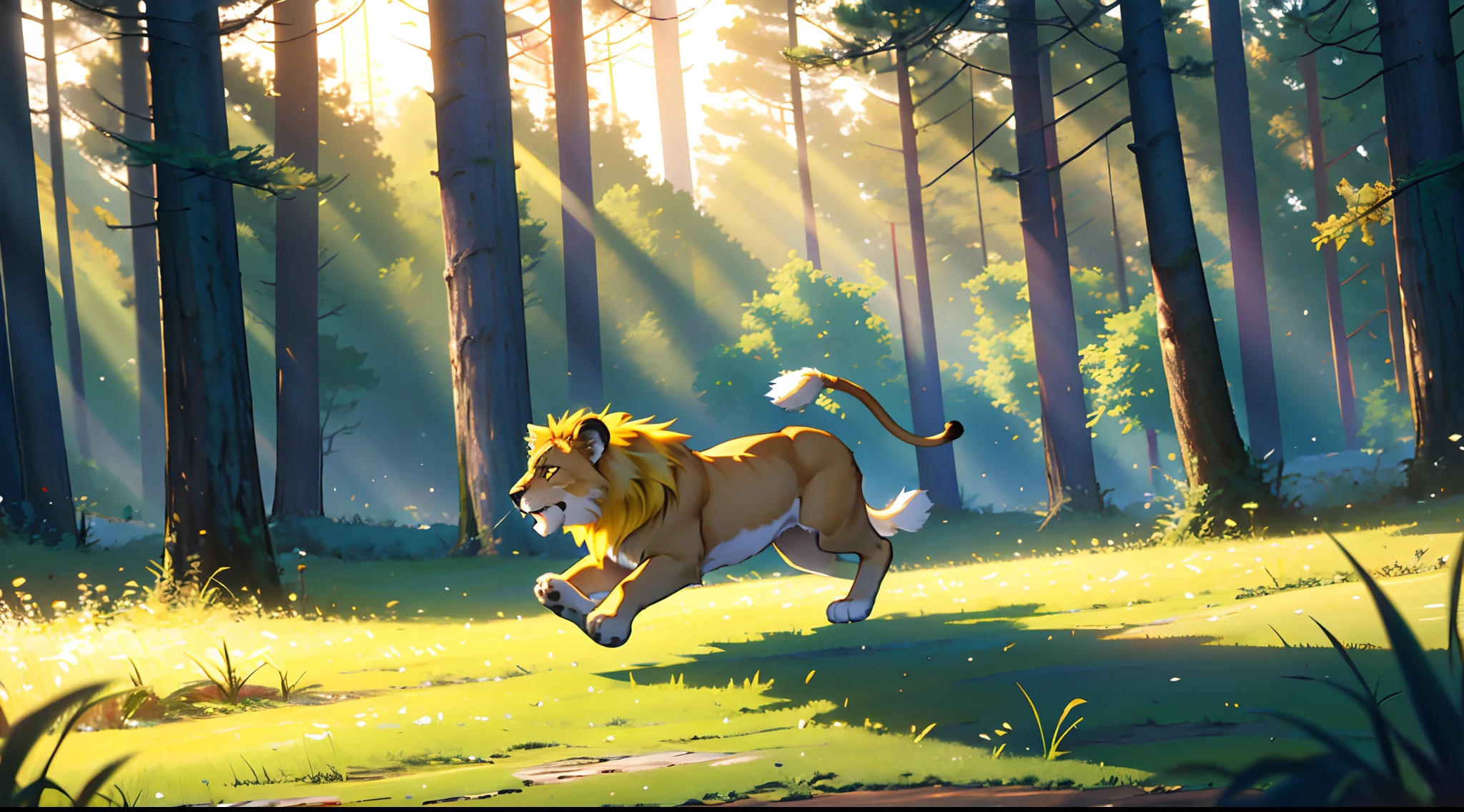 Masterpiece, best quality, 8k resolution, cinematic lighting, a lion running after the, forest,puppy, small size, solo, yellow hair, grass, happy, wagging tail, facing the audience
