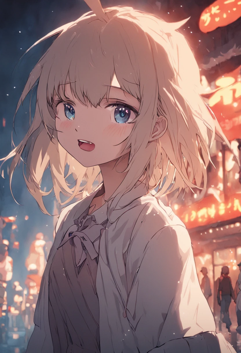 {{Best quality}}, {{masutepiece}},  {Detailed light}、Girl with two teeth tied in two、troubled eyebrow、double teeth、Zito-order、The blonde、eBlue eyes、blouse、Girl vs