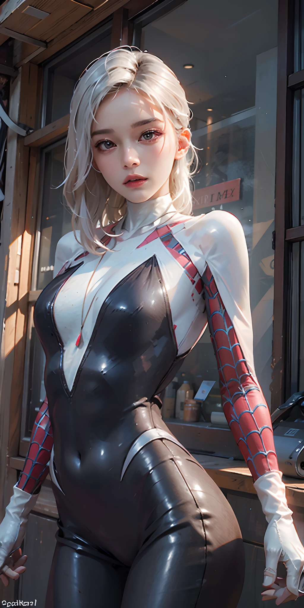 photorealistic, high resolution, soft light,1women, solo, hips up, shining skin, (detailed face),gwen spiderman costume, undercut, white hair