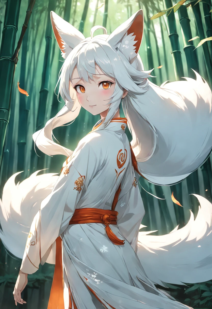 Large bamboo forest background, Beautiful Chinese wind fox fairy, Nine fox tails, Beautiful face, Glowing eyes, White Chinese traditional costume, White cape, Fox ears, half close-up, Look at the camera, Side shot, With an excited smile, style of surrealism, Very detailed, 8K resolution, rendering by octane,