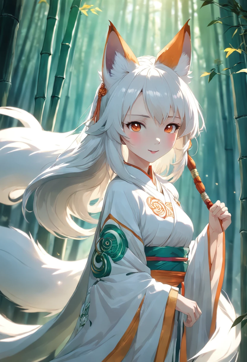 Large bamboo forest background, Beautiful Chinese wind fox fairy, Nine fox tails, Beautiful face, Glowing eyes, White Chinese traditional costume, White cape, Fox ears, half close-up, Look at the camera, Side shot, With an excited smile, style of surrealism, Very detailed, 8K resolution, rendering by octane,