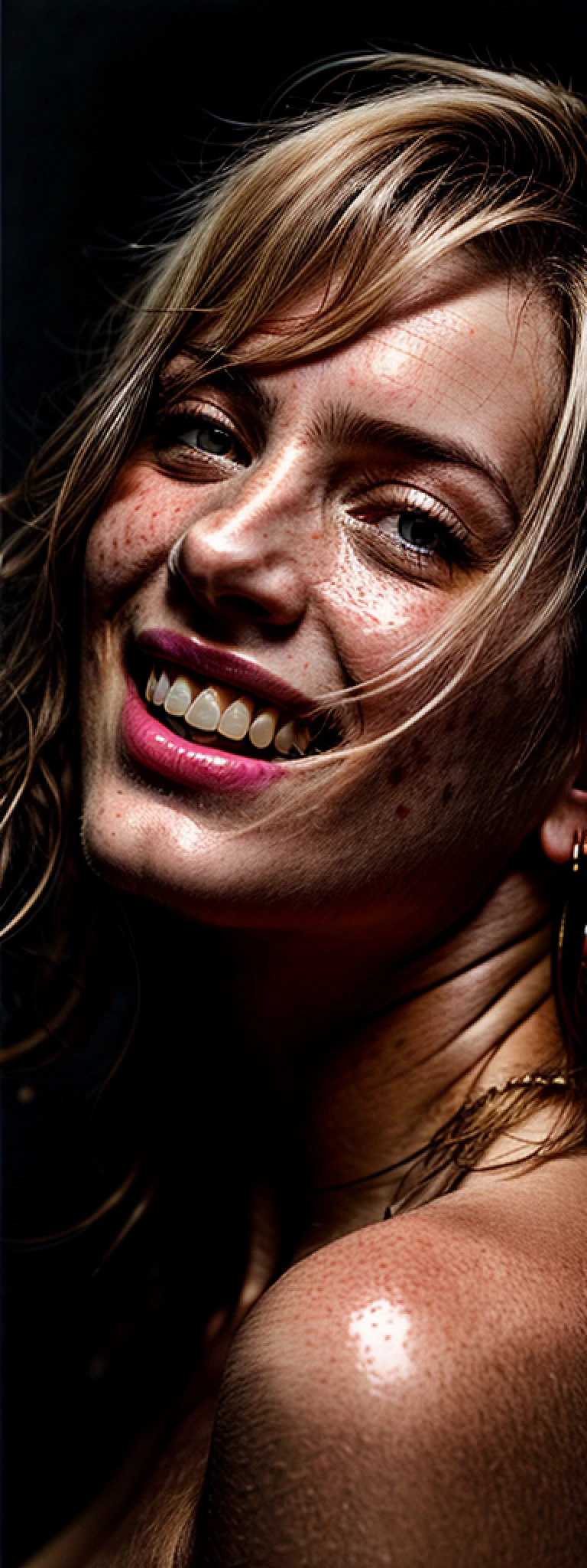 young female, upper body, blond hair, pale skin, glossy skin, unclothed, (freckles:0.7), (laughing:0.7), (by Stefano Cerio:1.1), no makeup, (dark background:0.8), (by Margriet Smulders:1.3), (natural skin texture, hyperrealism)