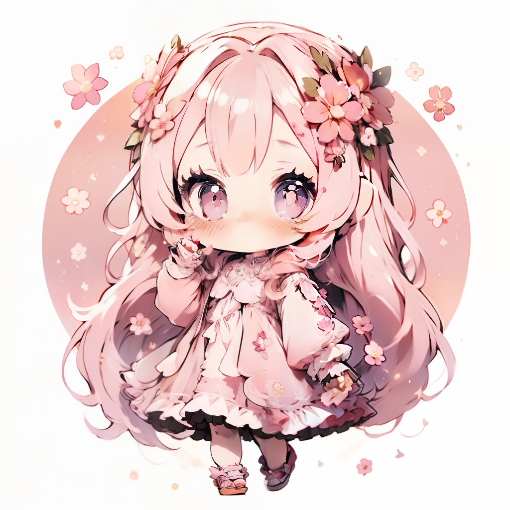 A pretty chibi girl with long pink hair, morning vision, looking at flowers,  sparkling simple make up,  high quality pictures, wearing a flowery dress