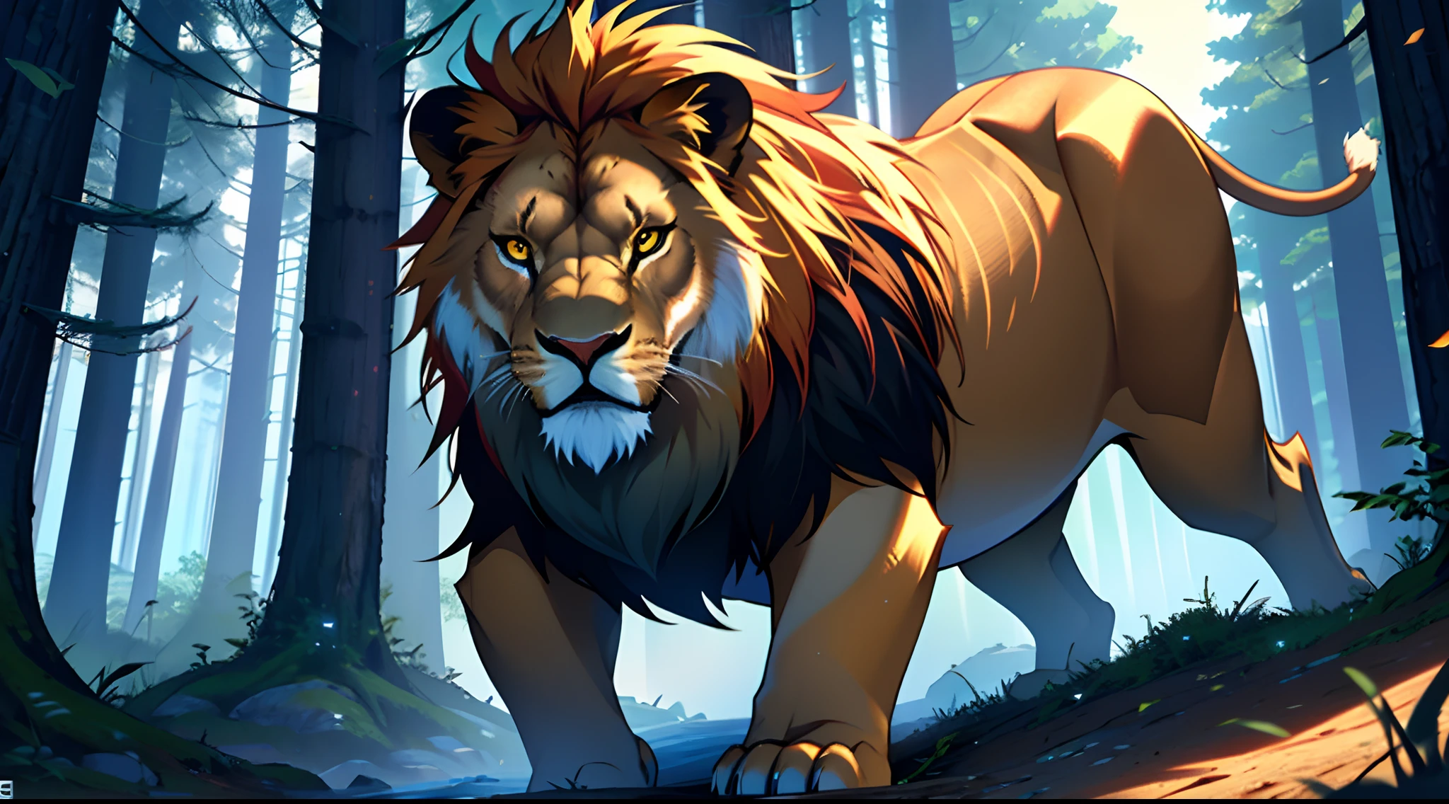 Masterpiece, best quality, 8k resolution, cinematic lighting, a lion going back to the forest