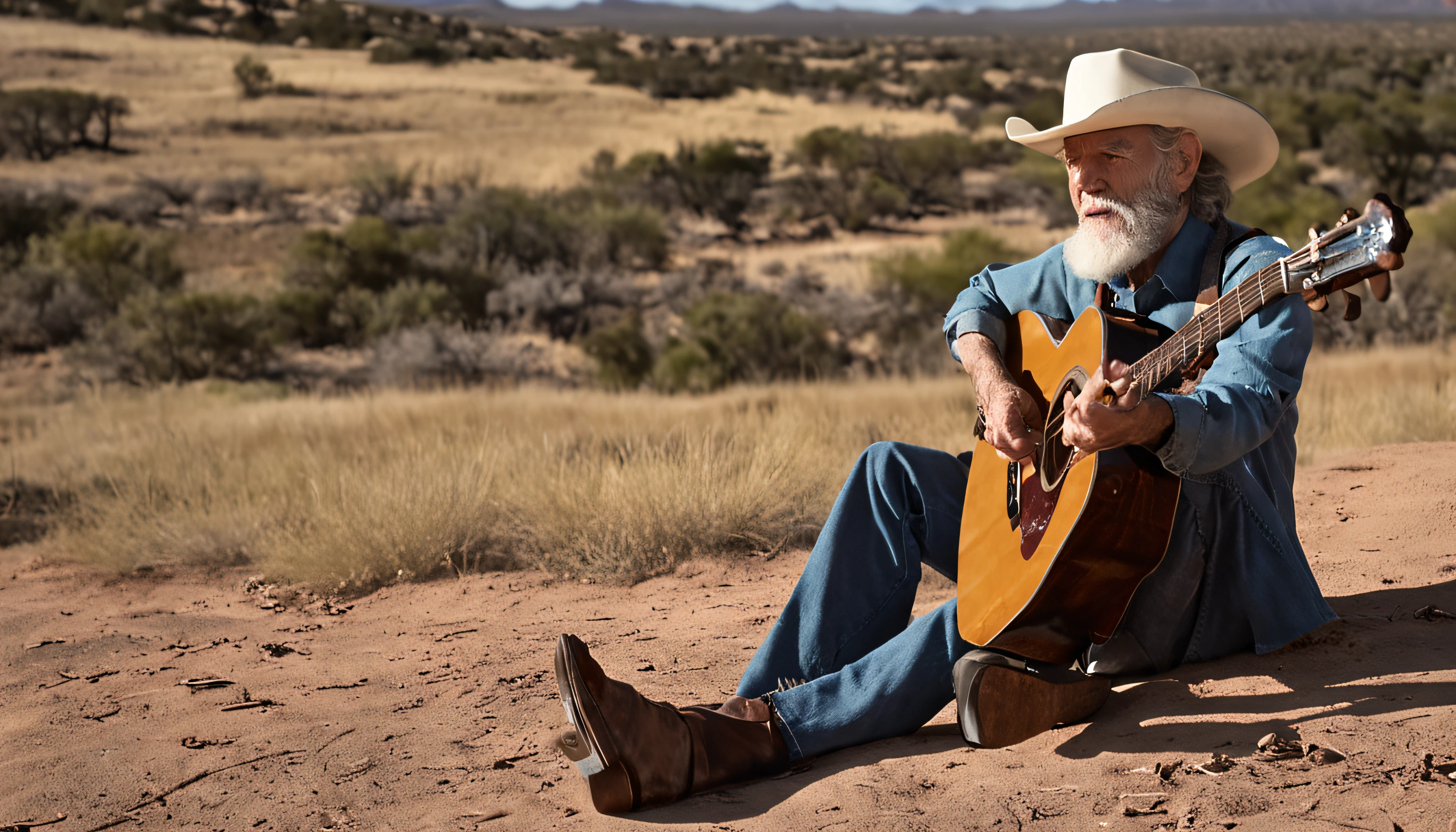 There's a man who's playing GUITAR, MONTADO EM UM CAVALO no Texas, old man, musician, Foto retrato, Man playing guitar, fotografia colorida antiga, Carismático Texas Western Old Man, Willie Nelson no palco, Directed by: Harvey Pratt, Directed by: Murray Tinkelman, KodakChrome : : 8 mil, Homem americano, Foto retrato detalhada, foto ainda, cantor e compositor, por Wayne England