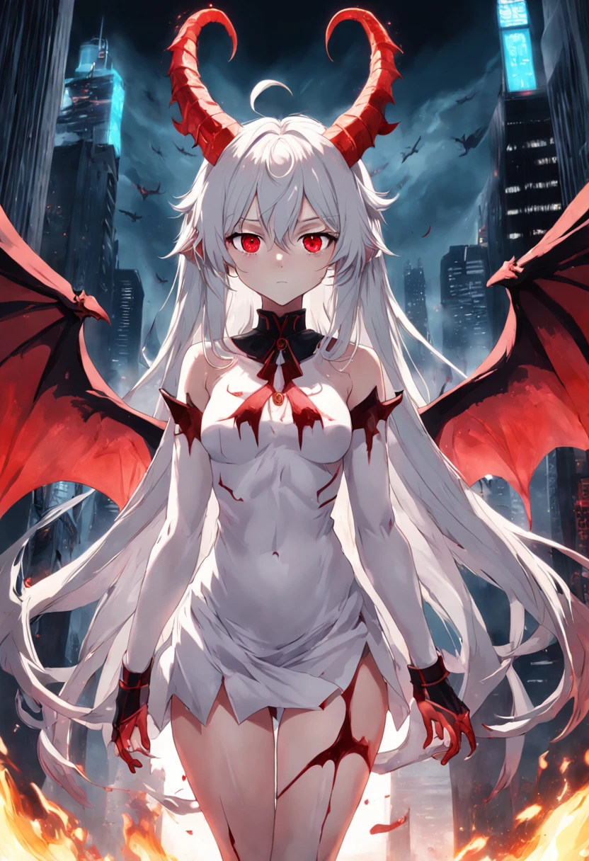 whaite hair，Red eyes，long whitr hair，demonic horns，Broken sailor suit，Girl body type，There are demon wings behind it，There was a little blood on his body，8K，Look into the camera，Dynamic，Background of destroyed cities