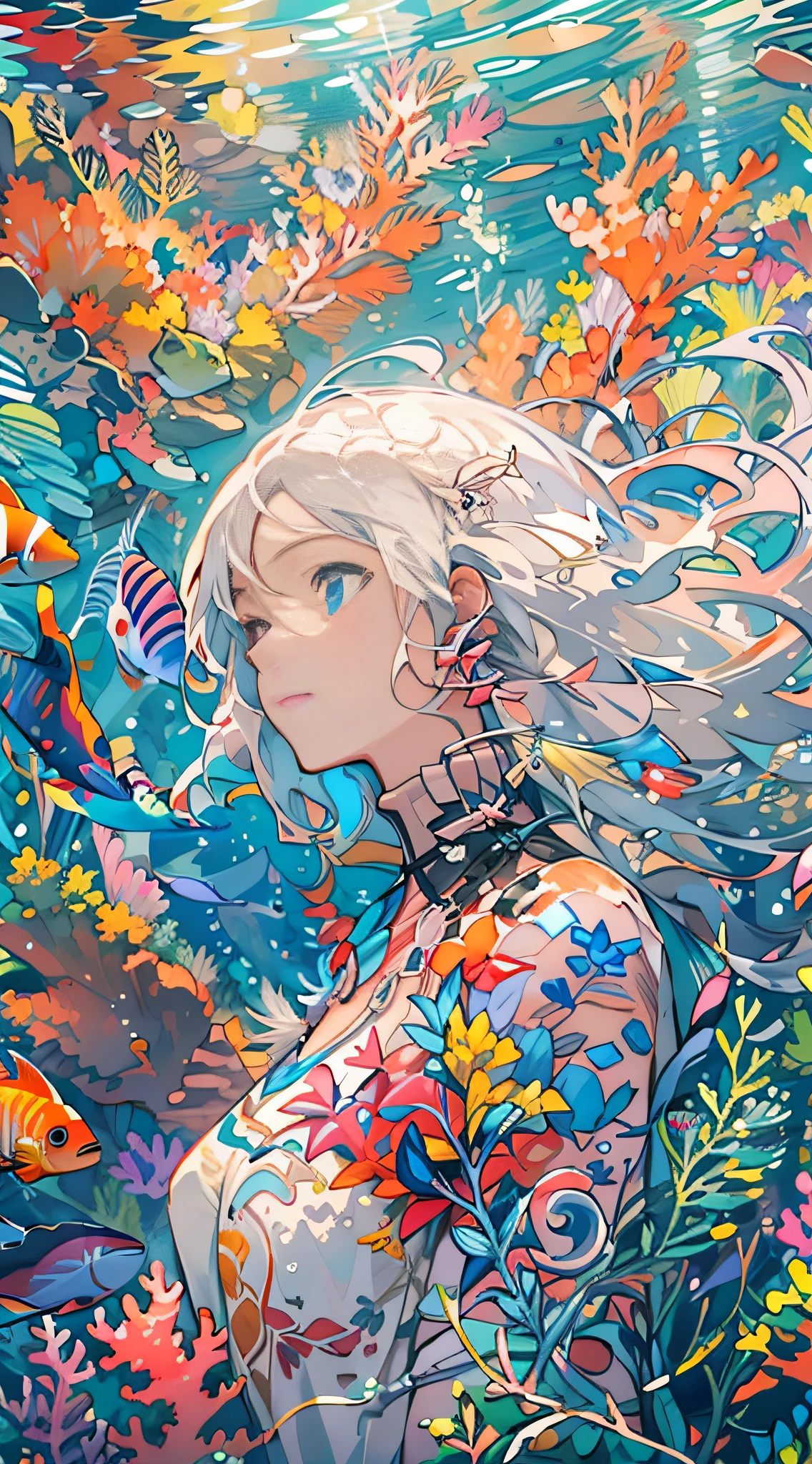 Conceptual art of marine life, Undersea landscape, Marine life，Beautiful coral reefs come in different shapes, Fish, full body naked Female animated fantasy illustration. Long white hair fully naked female in the sea, Drift, Very harmonious. The whole painting adopts a messy and imaginative painting style. The colors are bright and saturated, And with smooth lines. The mystery and beauty of the ocean, The painting depicts an underwater world full of life and vitality, Animated art wallpaper 8 K