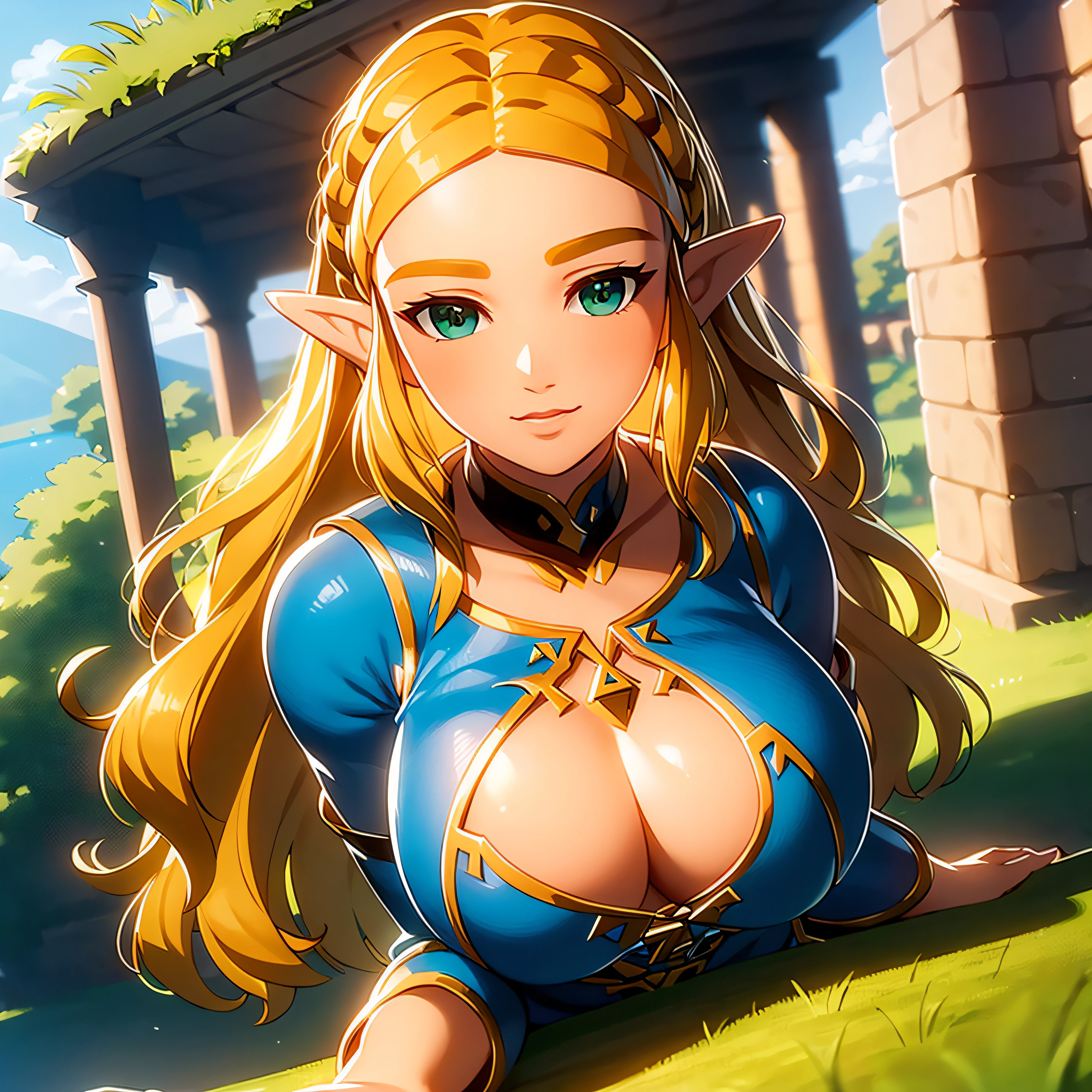 ((masterpiece)),(illustration),(((best quality)),iridescent, high resolution illustration,Amazing,highres,intricate detail, extremely detailed CG unity 8k wallpaper ((zelda)), full body, large breasts, (delicate cute face), blond long hair, lovestruck,(green eyes), smile, joyful, young teen, narrow waist, young girl, 15 year old girl, seductive, tight body, wavy hair, outdoors, sexy pose, skin tight shirt, cleavage, facing viewer