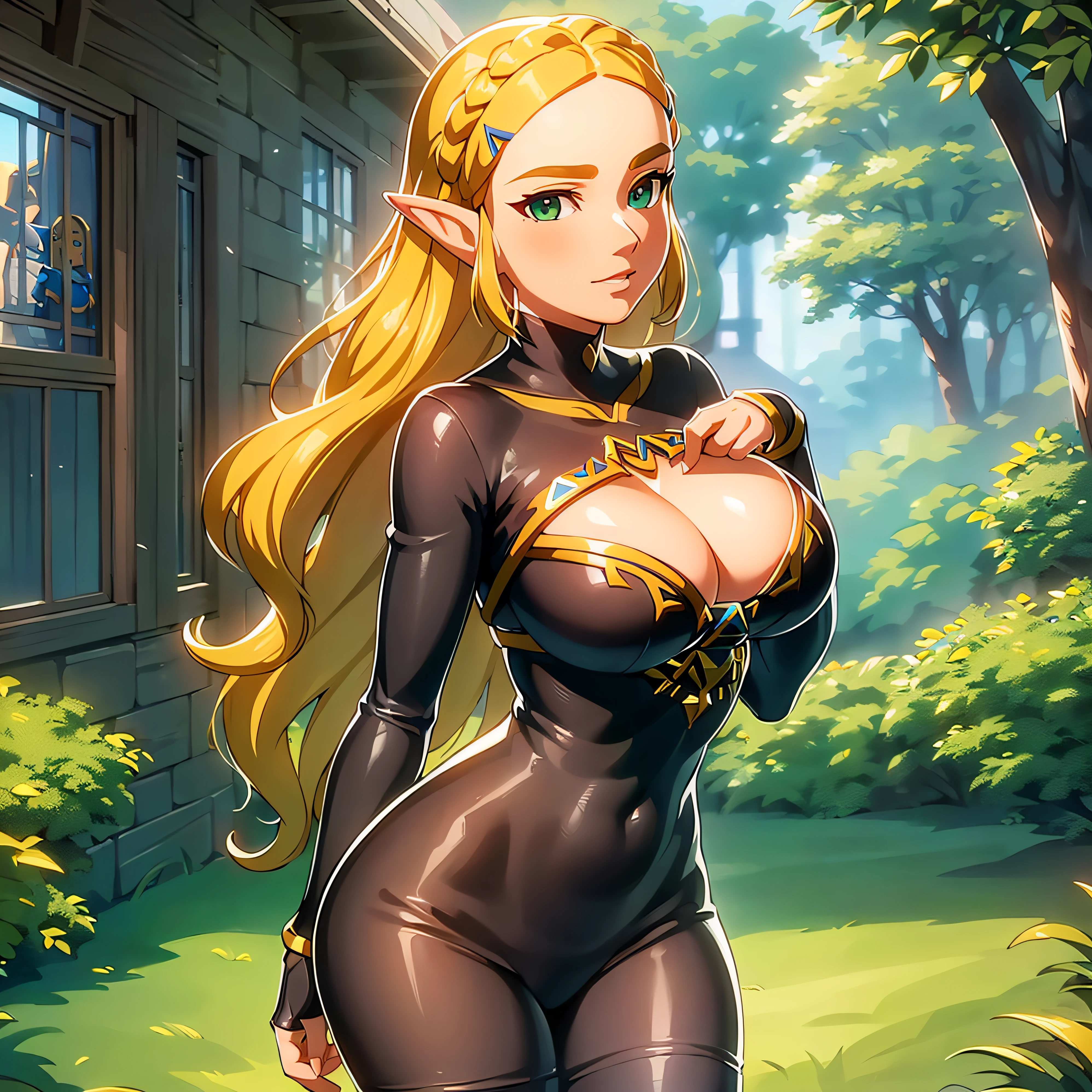 ((masterpiece)),(illustration),(((best quality)),iridescent, high resolution illustration,Amazing,highres,intricate detail, extremely detailed CG unity 8k wallpaper ((zelda)), full body, large breasts, (delicate cute face), blond long hair, lovestruck,(green eyes), smile, joyful, **********, narrow waist, young girl, *********** girl, seductive, tight body, wavy hair, outdoors, sexy pose, skin tight shirt, cleavage, facing viewer