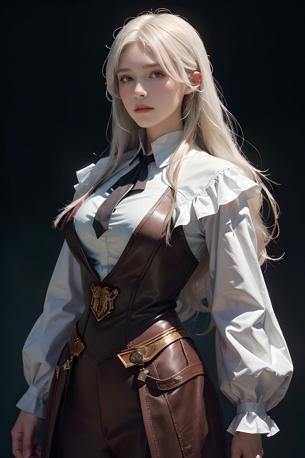 Hyperrealist portrait of female by david hockney and alphonse mucha,fantasy art, photo realistic, dynamic lighting, artstation, poster, volumetric lighting, very detailed faces, 4 k, award winning,, 1girl, in the dark, deep shadow, low key,cowboy shot,(official clothing:1.4) ,long hair,white hair,