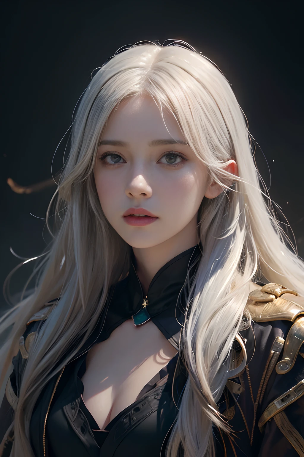 Surrealistic Female Portraits by David Hockney and Alphonse Mucha,fantasy art, Photorealistic, dynamic lighting, art station, poster, Volumetric lighting, Very detailed faces, 4K, Award-winning,, 1 girl, in the darkness, deep shadow, low profile,cowboy shooting,(official clothing:1.4) ,long hair,white hair,nude
