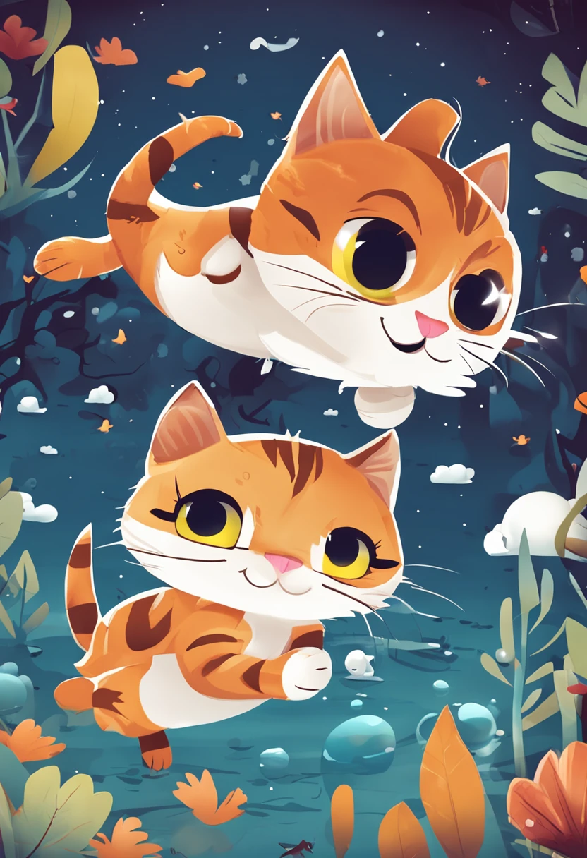 there is a cat that is chasing a fish that is flying, vector art by Ivan Generalić, deviantart, furry art, illustration of 2 cats, cute digital art, cute detailed digital art, flat vector art, cute artwork, cute illustration, fishes, flat 2 d vector art, high quality wallpaper, cute detailed artwork, a beautiful artwork illustration