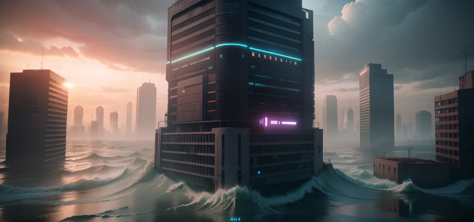 flood waves inside the city, dystopian world, cinematic beeple, bipe. octan render, beep rendering, estilo cyberpunk hiper-realista, dystopian scifi apocalypse, 3d render bipe, digital concept art of dystopian, arstation e bipe altamente, beeple global illumination