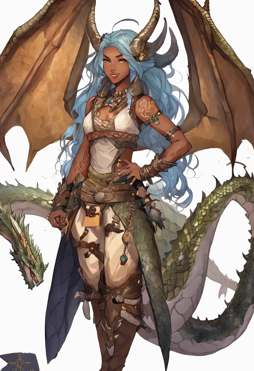 (dragon), woman, 1girl, Alone, far, small body, bracelets, multicolored hair, long hair, horns, dragon horns, anime style, high quality, best quality, flaking skin, scales, dark scales, leg with scales on the thigh, arms with scales, face with scales, dark skin, scaly skin, textured skin, dragon, paladin, warrior, half plate, brown scales, nsfw, armor, anthro