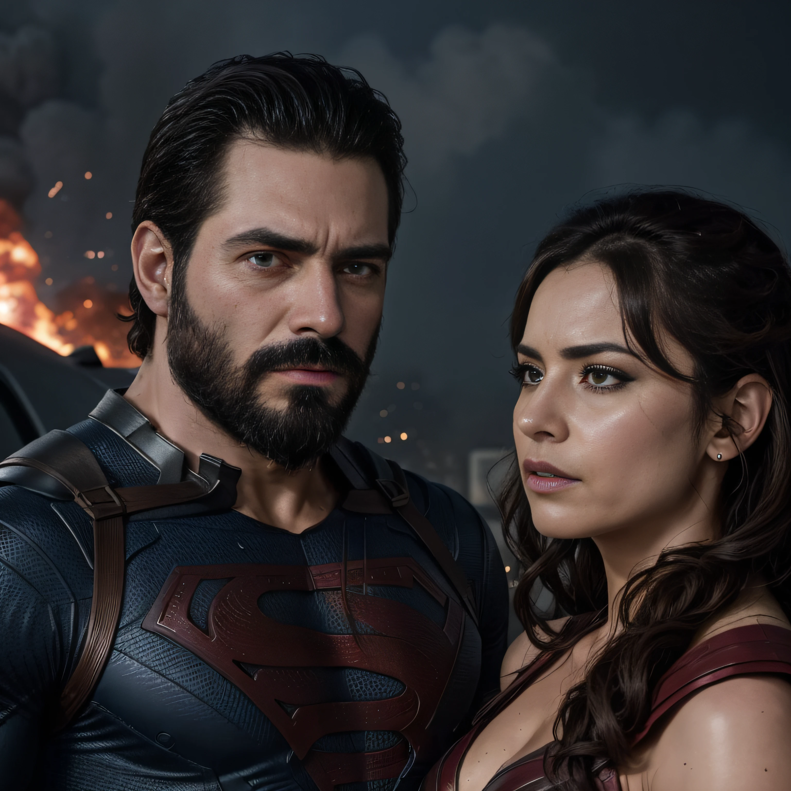 "Attractive man and woman in a powerful superhero movie scene, with shocking explosions and detailed superhero costumes. Cuerpos musculosos, Meticulously manicured beard and expressive, emotion-filled faces".