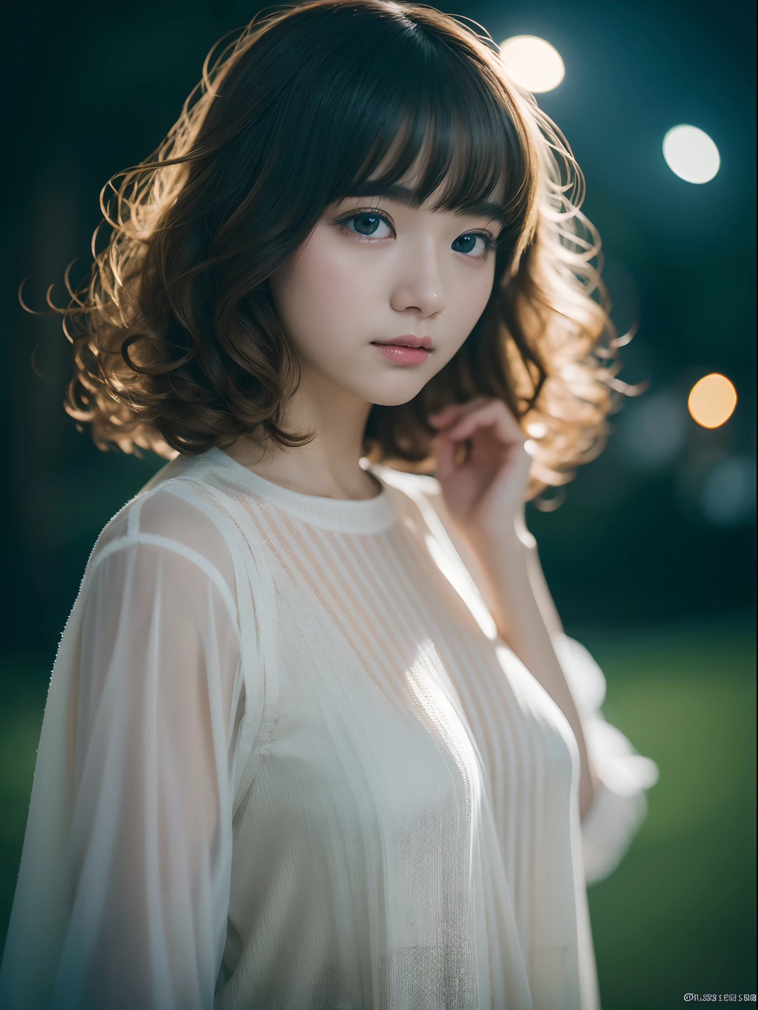 the Extremely Detailed CG Unity 8K Wallpapers、top-quality、ultra-detailliert、masterpiece、studio shoot、Full body portrait、White See-Through Babydoll、realisitic、Photo Real、extremely detailed cute girl、独奏、sixteen years old、side glance, Melancholy look, background of night view, A dark-haired, Curly Bob Kat、floated hair、Shaggy、out of focus、blur、