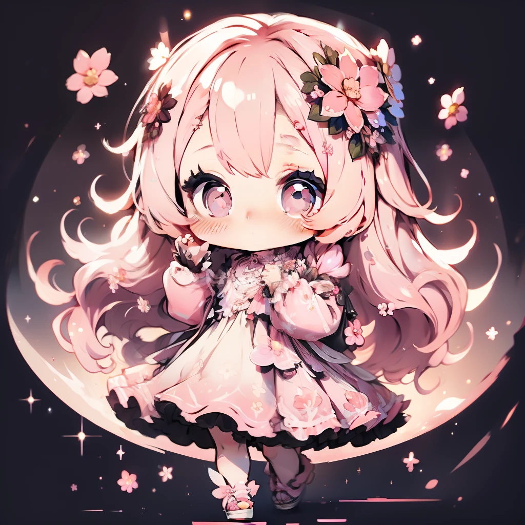 A pretty chibi girl with long pink hair, morning vision, looking at flowers,  sparkling simple make up,  high quality pictures, wearing a flowery dress