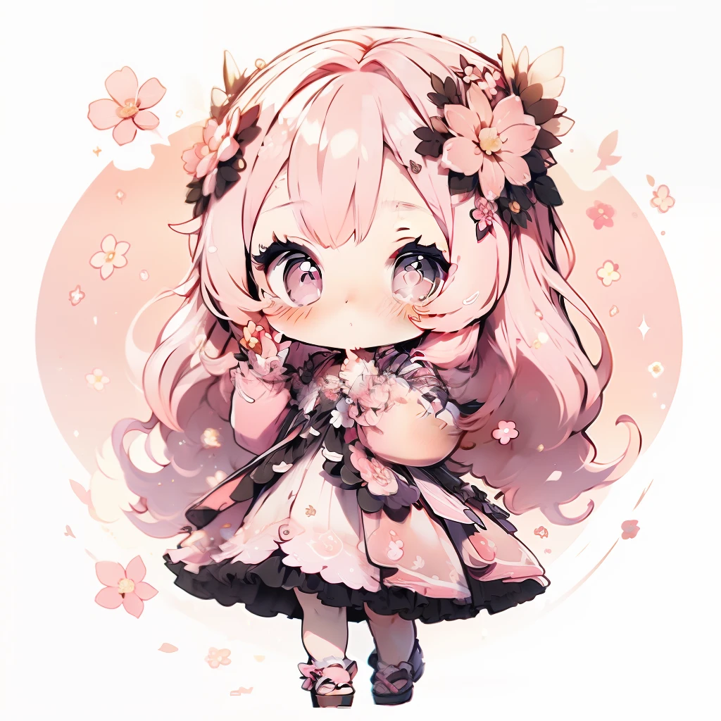 A pretty chibi girl with long pink hair, morning vision, looking at flowers,  sparkling simple make up,  high quality pictures, wearing a flowery dress