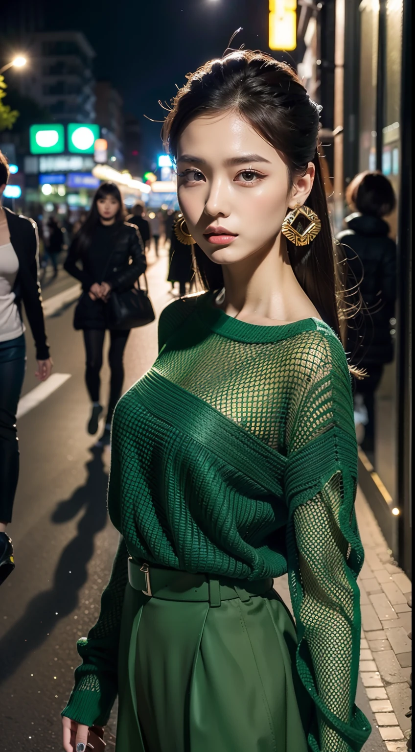 (8K分辨率,Photo above the thigh,Sideways close-up photo),(1womanl,20yr old,((Facial features of Thai Min:1.8,s delicate face,详细的脸),(Long ponytail hair),Elongated bangs,Confused eyes,Slightly open mouth),Fair smooth skin,(Best Skin Type:1.21),captivating curves,((Off-the-shoulder crewneck jumpsuit),(green color,Openwork mesh)),Elongated earrings,Roman shoes,With a petite figure,(Model walking on the road,Naturally placed hands),delicate artwork,perfect hand,Ultra-fine clothing material),(The city's noisy pedestrian street,Night background,Deep view,Exquisite environmental details),(Professional lighting,动态照明),((The color is uniform,(green color,black in color))),(Golden section,Cinema lenses,Hasselblad photograp,tmasterpiece:1.3),(The art of culture,fashion art,trendsetting,Artis,Art platform)