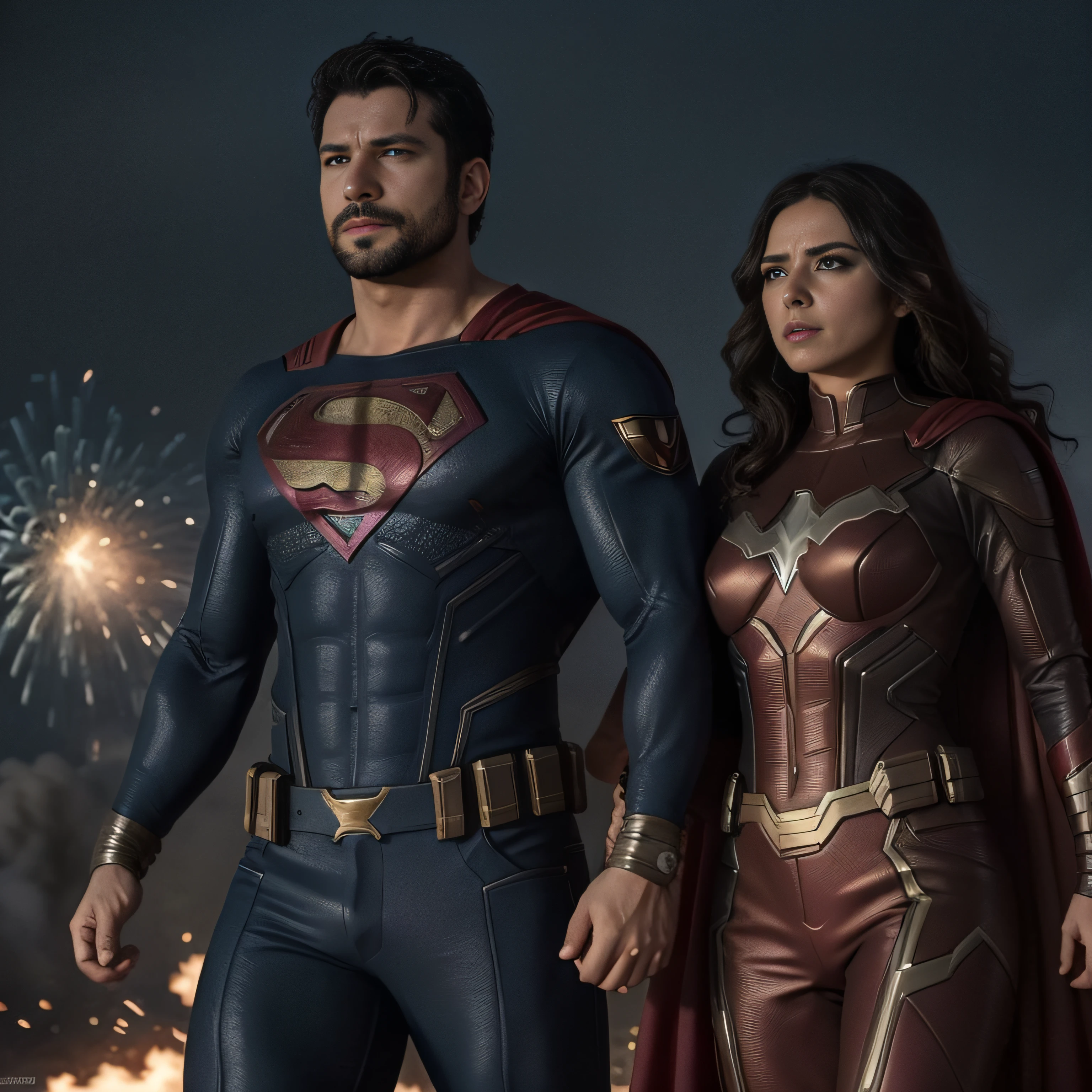 "Attractive man and woman in a superhero movie scene with explosions and superhero costumes, cuerpos musculosos, barba, rostros detallados y expresivos".