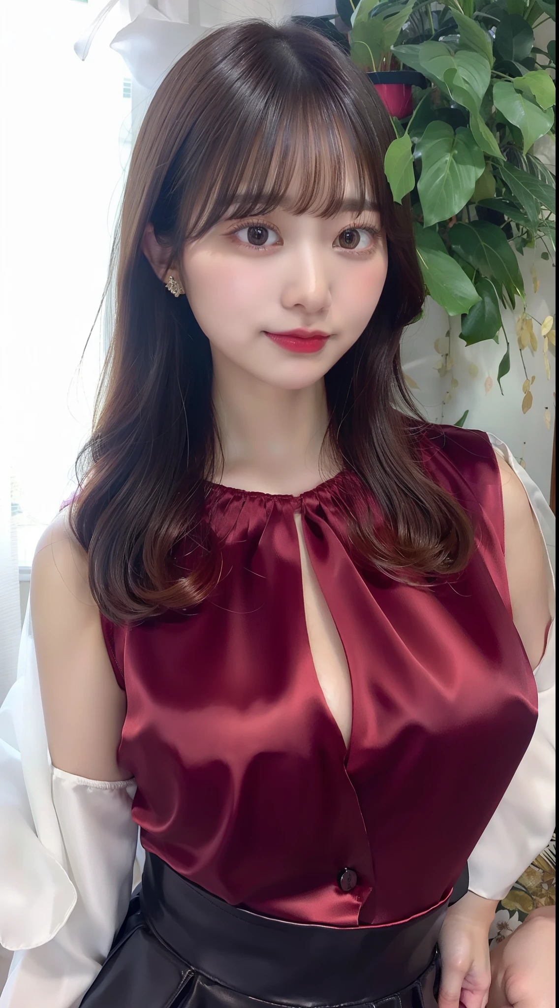 A close up of a woman wearing a red blouse and black skirt - SeaArt AI