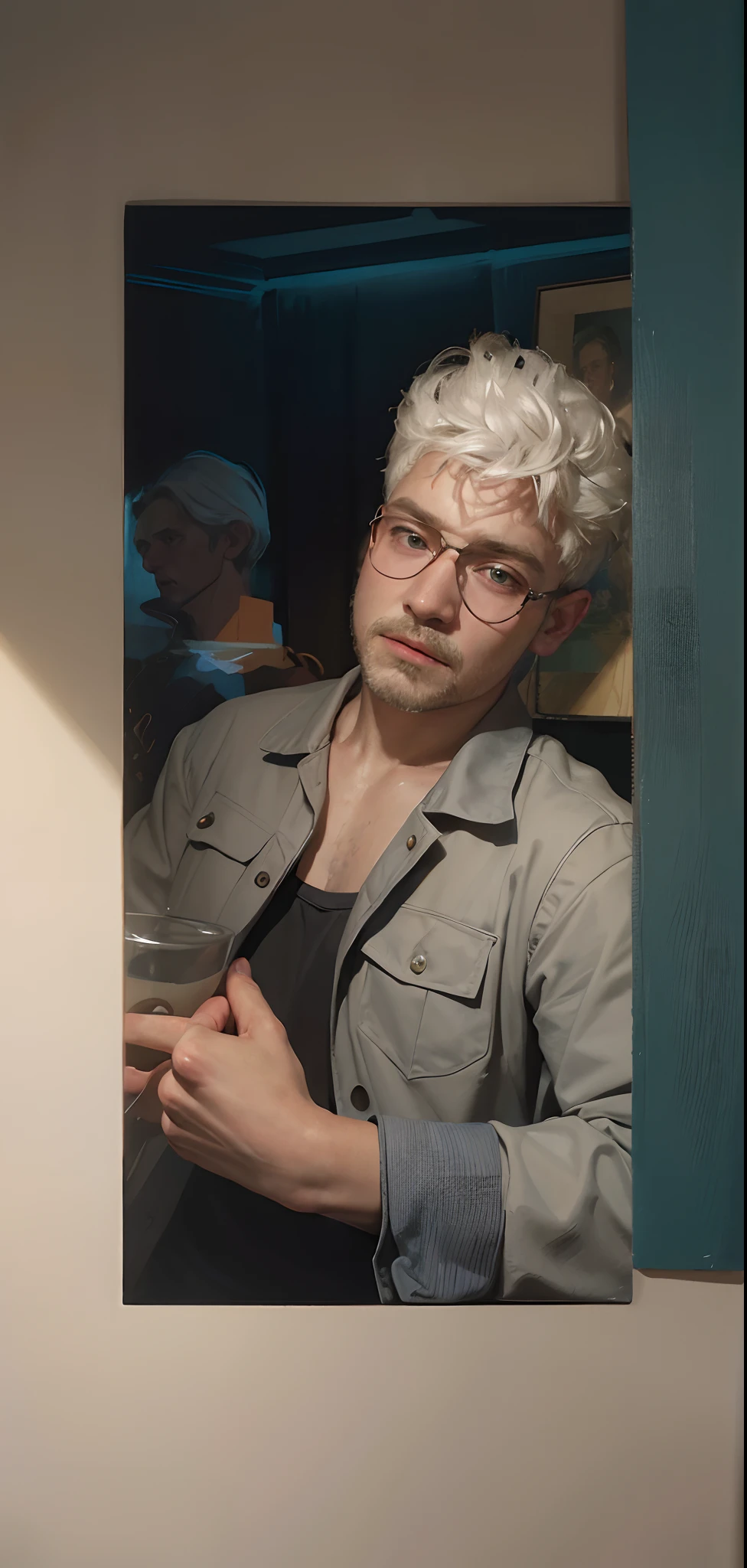 Hyperrealist portrait of boy by david hockney and alphonse mucha,fantasy art, photo realistic, dynamic lighting, artstation, poster, volumetric lighting, very detailed faces, 4 k, award winning,, 1boy, in the dark, deep shadow, low key,cowboy shot,(official clothing:1.4) ,white hair,