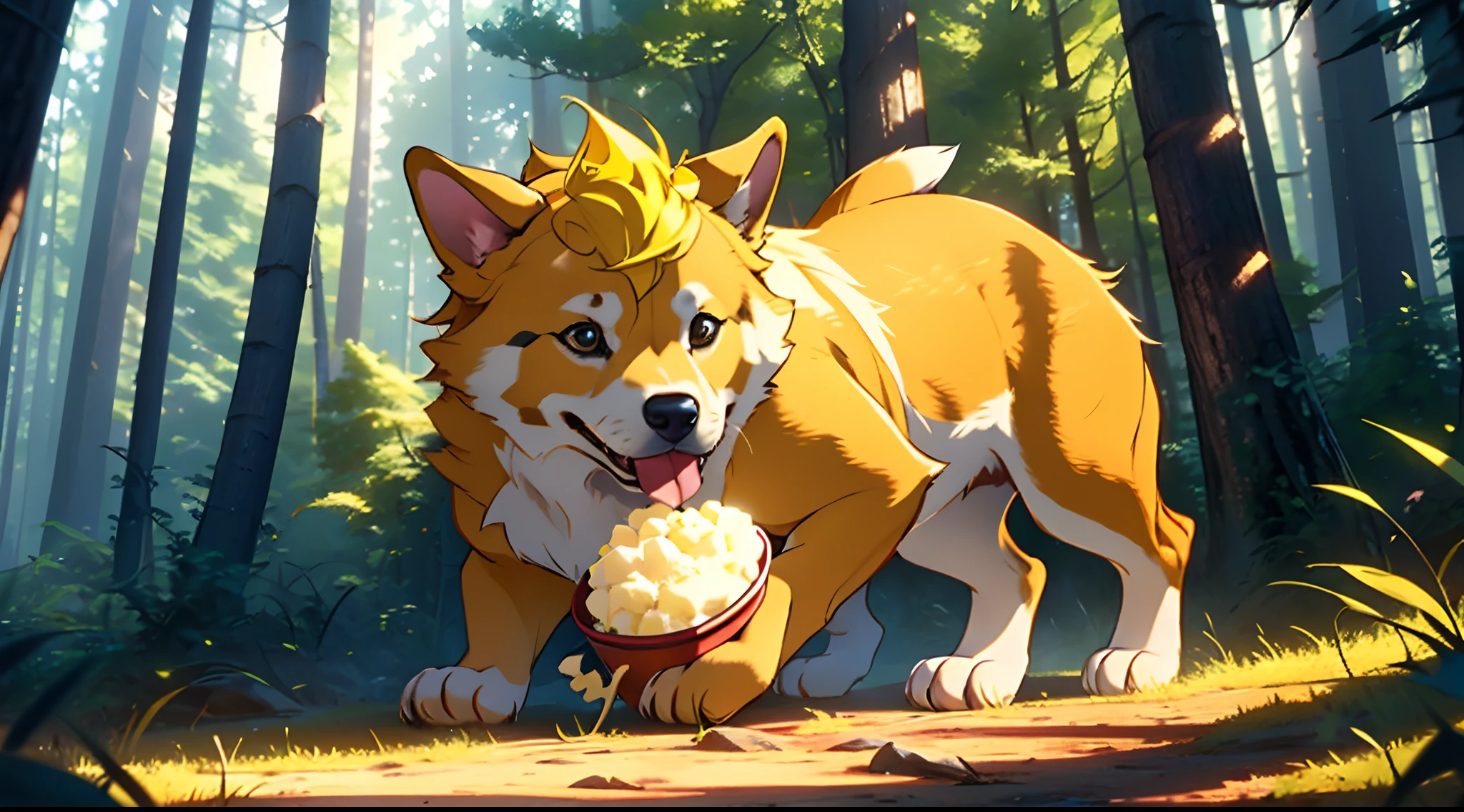Masterpiece, best quality, 8k resolution, cinematic lighting, a cute puppy, yellow colour hair,eating , bone, forest,