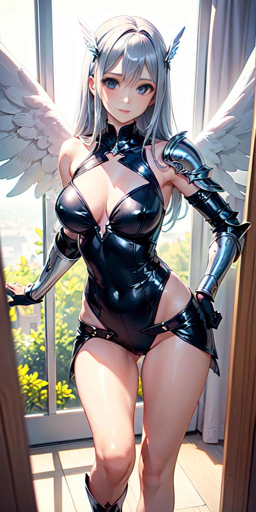 (((Hay una mujer con alas posando para una foto, beautiful angel girl, great epic angel wings, ((Angel in silver armor)), Cuerpo Completo, slim build, Like a mystical Valkyrie with perfect body, cara simetrica, angel knight girl, beautiful female angel, Alas angelicales en su espalda, of an beautiful angel girl, angel knight gothic girl, beautiful angel, Gorgeous Role Play)))
