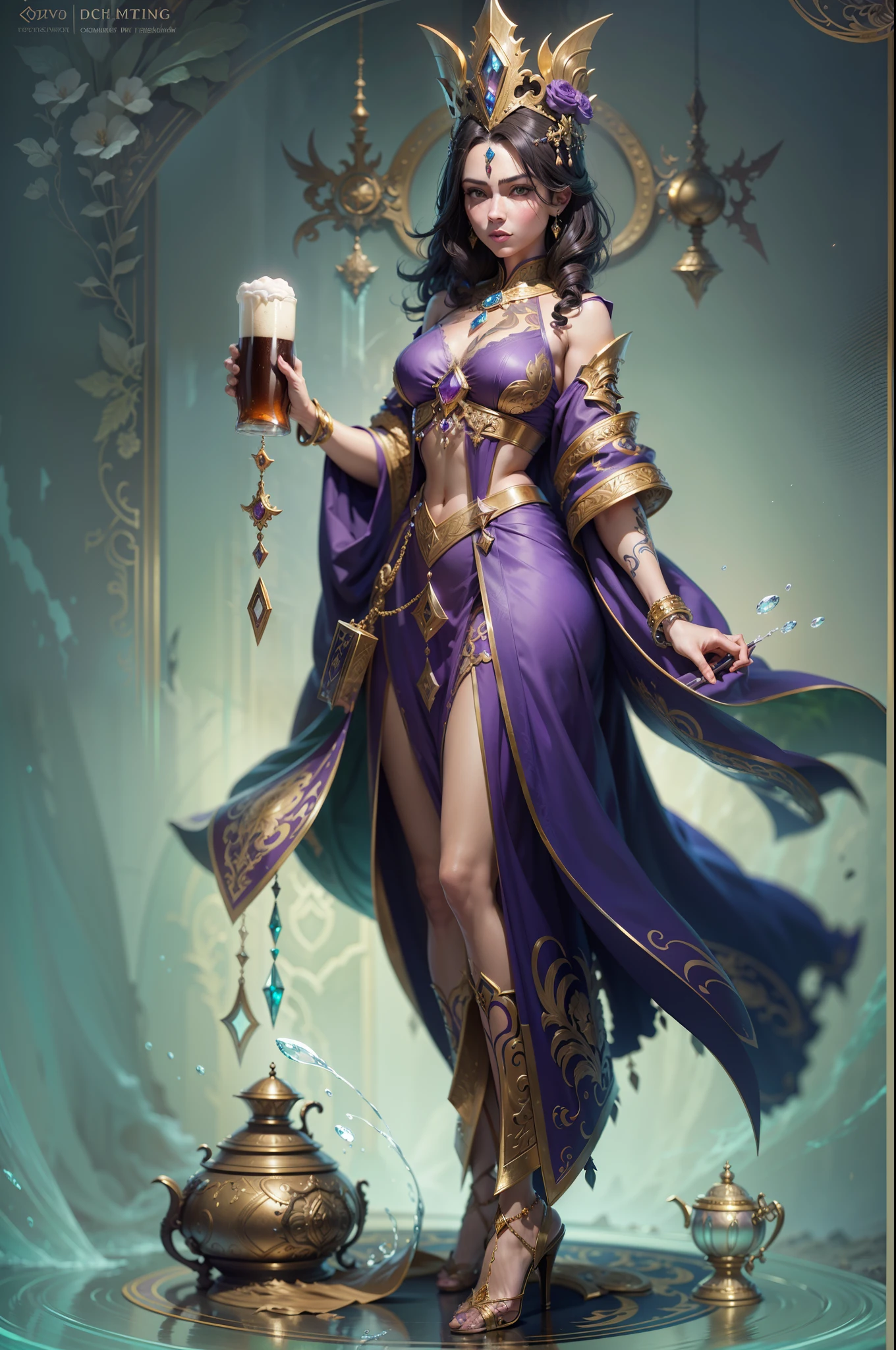Game character standing drawing design,magestic,Gorgeous purple robes wrapped around the entire body,Hold a stout beer, Ornate staffs set with magic gemstones,Water magic,high-heels,Different layer overlays,Different angles,(full bodyesbian:1.4),solid color backdrop,clean backdrop,depth of fields,high light,Real light,Ray traching,oc rendered,Hyper-realistic,best qualtiy,8K,Works of masters,super-fine,Detailed pubic hair,Correct anatomy,