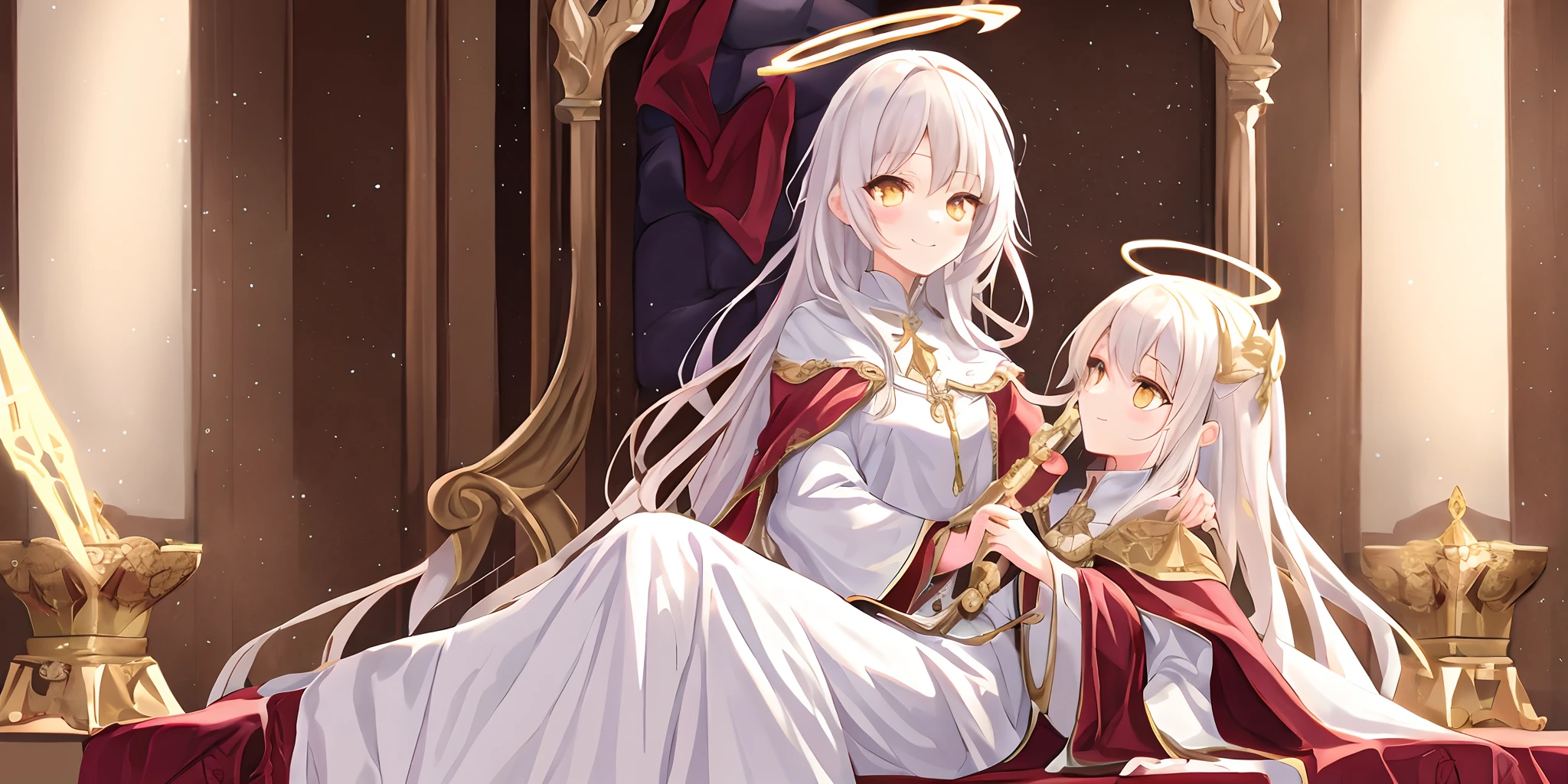 Pope all over the body,one-girl,Poor milk,On the scepter,Lie down in bed(long white robe,The pattern is complex))red shawl,(cute anime face),Gold eyes,long white hair,ssmile,The halo,(Sit on a low throne),In a magnificent castle,ultraclear