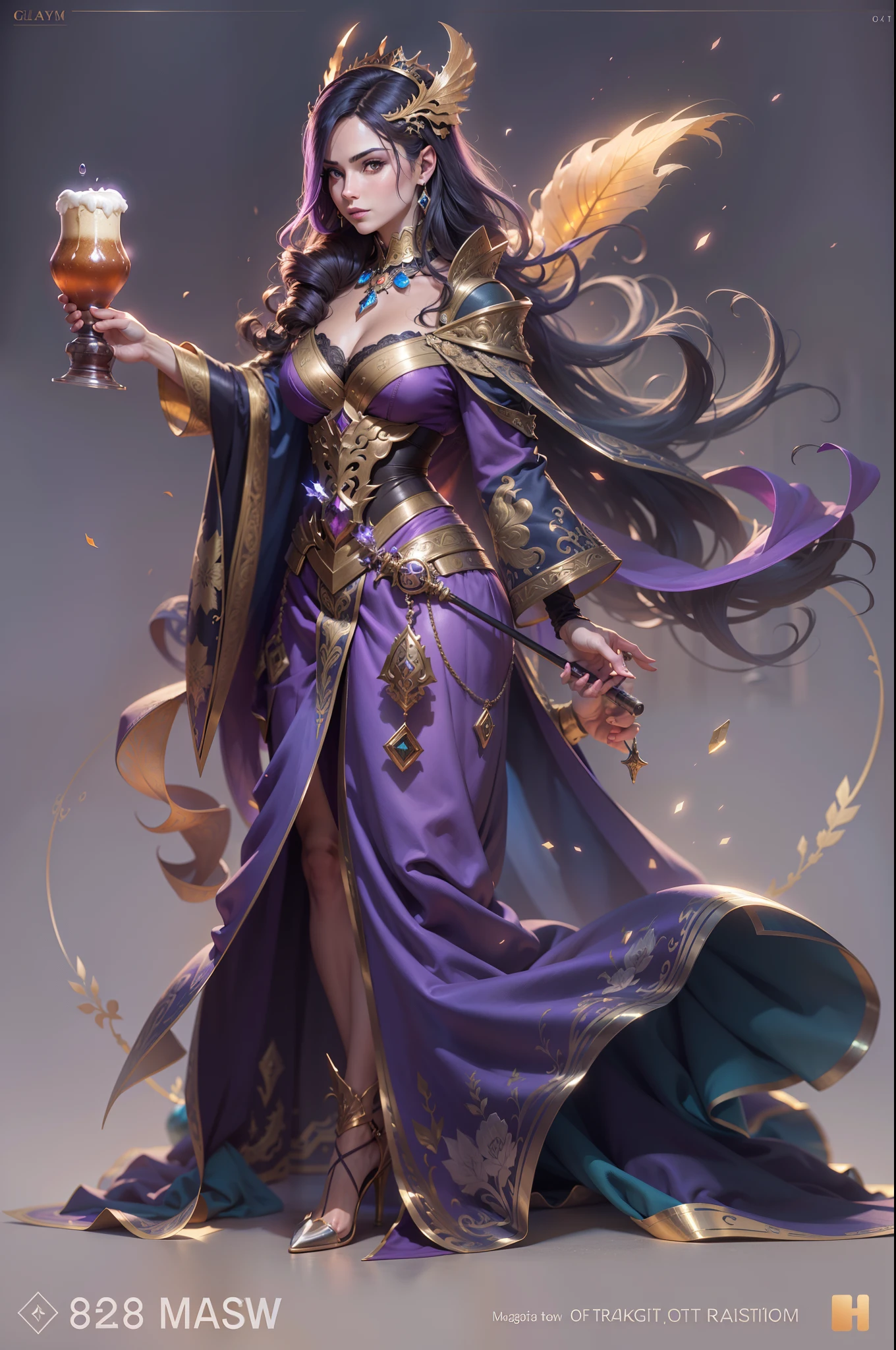 Game character standing drawing design，magestic，Gorgeous purple robes wrapped around the entire body，Hold a stout beer, Ornate staffs set with magic gemstones，Water magic，high-heels，Different layer overlays，Different angles，（full bodyesbian：1.4），solid color backdrop，clean backdrop，depth of fields，high light，Real light，Ray traching，oc rendered，Hyper-realistic，best qualtiy，8K，Works of masters，super-fine，Detailed pubic hair，Correct anatomy，