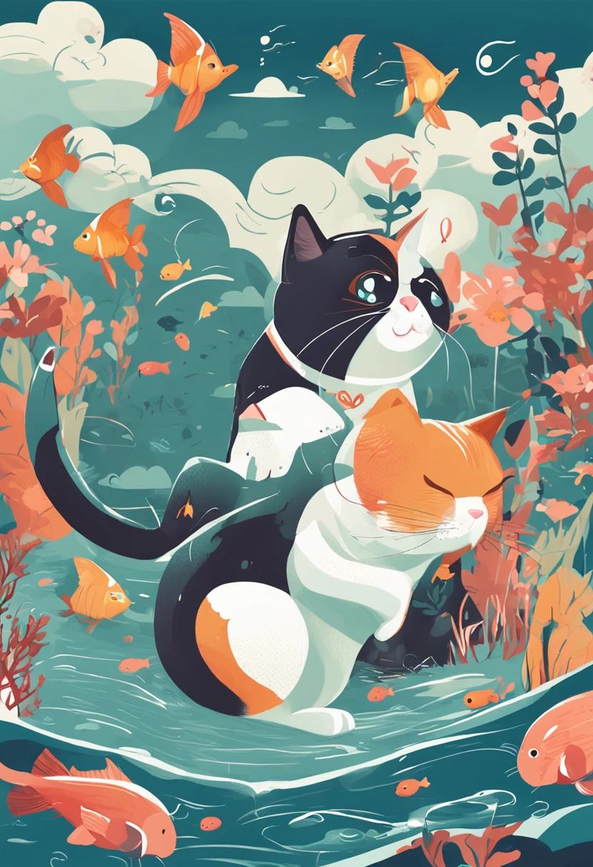 there is a cat that is chasing a fish that is flying, illustration of 2 cats, cute digital art, cute detailed digital art, flat vector art, cute artwork, cute illustration, fishes, flat 2 d vector art, high quality wallpaper, cute detailed artwork, a beautiful artwork illustration, high-quality wallpaper, poster illustration, illustration pokemon, cute cats, fishes swimming