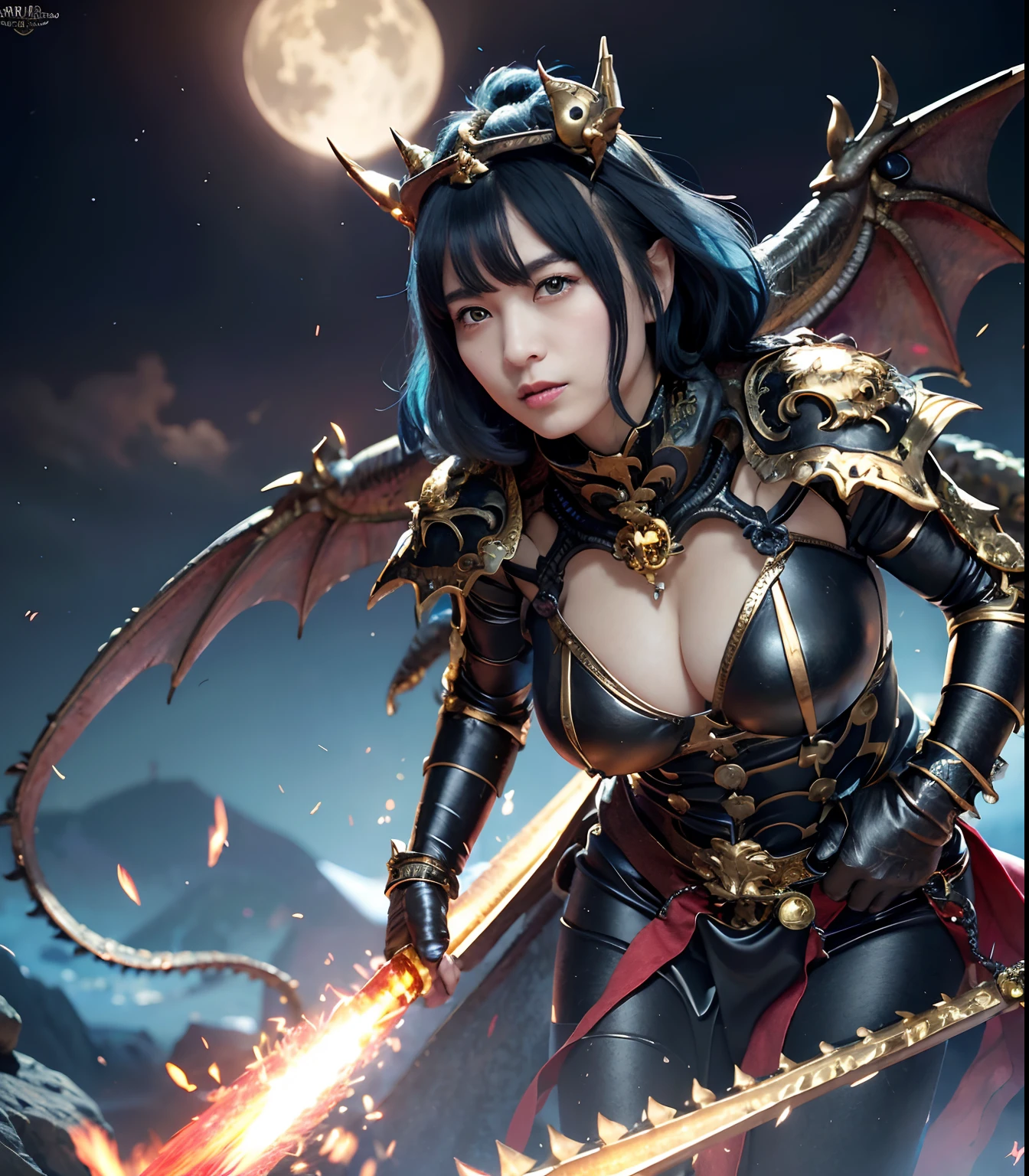 (masutepiece), Professional , masterpiece、top-quality、photos realistic , depth of fields (Gemstone Black Metal Body:1.9),(Matte Black、(cleavage of the breast)、Dragon Gold Weapon(Dragon Metal Body:1.4),Gorgeous gold weapons ,(( Dragon's dense and gorgeous sword)) , Beautiful knife ,warhammer 40k , adepta sororitas,Detail and gorgeous crown、((Blue hair))、(Castle background)、The dragon、((Gangle's forest background))、Beautiful Caucasian beauty、(1a person)、dynamic ungle,(((Detailed and ornate Black Devil Crown)))、Smaller head、A smile、Castle background、Thin and beautiful female hands、cleavage of the breast、Soldier in iron armor on background、Mystical expression、Light Effects、Wind-effect、magic circles、With the legendary magic wand、(demonic wings)、(Blue hair)、(1 persons)、Battle Look、Anatomically correct body、