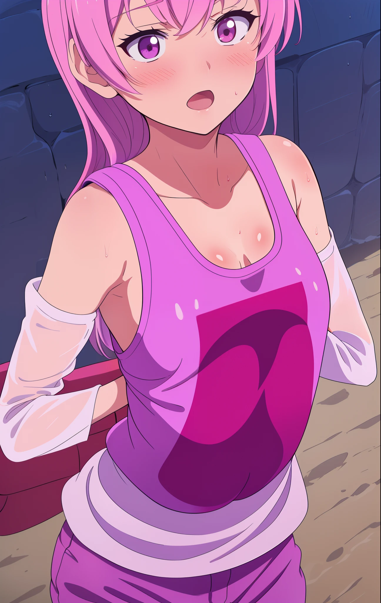 watanabe_akari, pink hair, oily skin, wet, detailed skin, (()), ((carrying a red backpack)), ((10 years olbackground, open mouth, short height, little girl, ((bare shopresenting armpit)), (see-through), cleavage, naughty face, ((white tank top)), (arm up), ((loli)), ((small boobs)), ((small bts)), ((flat chest), (hot pants), ((detached sleeves)), beach, (potrait)), loose shirt, navel, (((shock face))) wet body, rain (((height 135cm)))