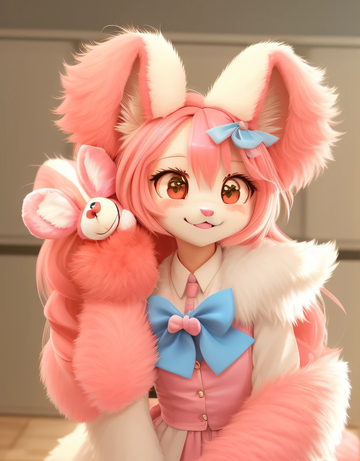 There is a pink and white stuffed toy，There are bows, female furry mini cute style, POV furry art, Furry art!!!, the bunny has pink fur, Furry character, [ 4 K digital art ]!!, Furry anime, furry fursona, y 2 k cutecore clowncore, female fursona, macro furry, fluffy body, pixiv 3dcg