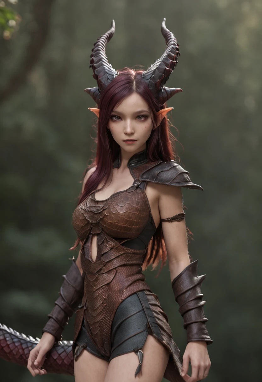 (dragon), woman, 1girl, Alone, far, small body, bracelets, multicolored hair, long hair, horns, dragon horns, anime style, high quality, best quality, flaking skin, scales, dark scales, leg with scales on the thigh, arms with scales, face with scales, dark skin, scaly skin, textured skin, dragon, paladin, warrior, half plate, brown scales, nsfw, armor, anthro