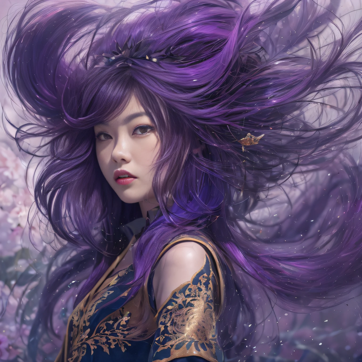32K(tmasterpiece,k hd,hyper HD,32K)Long flowing bright purple hair,Autumn Pond,zydink, a color, Asian people (Silly girl), (Silk scarf), Combat posture, looking at the ground, long whitr hair, Floating bright purple, Fire cloud pattern gold skull headdress, Chinese long-sleeved gold silk garment, (abstract ink splash:1.2), white backgrounid,Lotus protector(realisticlying:1.4),Bright purple hair,Smoke on the road,The background is pure,Side squats, A high resolution, the detail, RAW photogr, Sharp Re, Nikon D850 Film Stock Photo by Jefferies Lee 4 Kodak Portra 400 Camera F1.6 shots, Rich colors, ultra-realistic vivid textures, Dramatic lighting, Unreal Engine Art Station Trend, cinestir 800,Long flowing bright purple hair