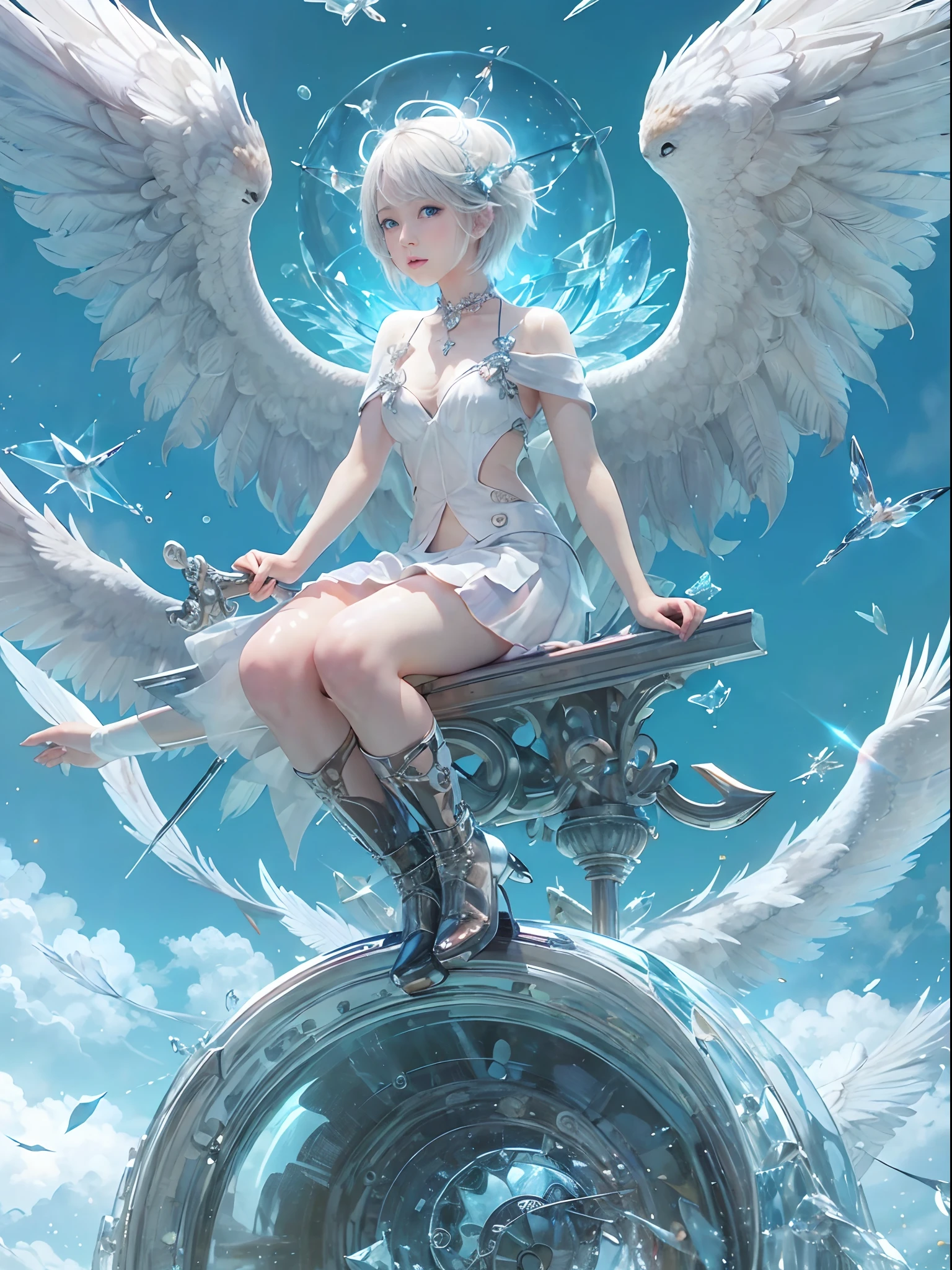 (Best Quality, Masterpiece: 1.1), (Realistic: 1.4), Beautiful naked schoolgirl is riding on the white hawk, god ray, teen, silver short hair, blue eyes, full body, from below, hourglass body shape, flying over the park, crystallineAI ,fractal art, splash